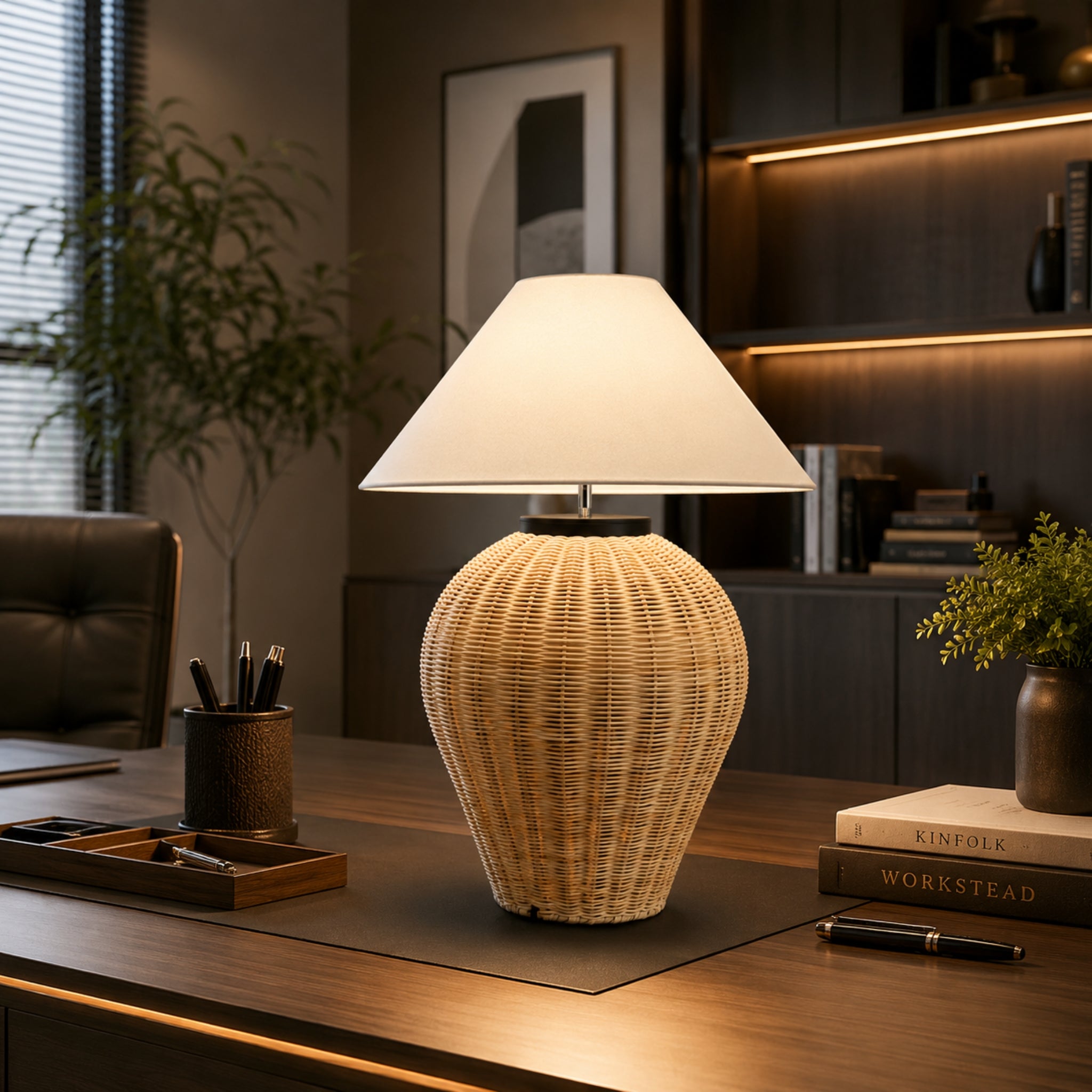 Handcrafted Cane Table Lamp with Off-White Fabric Shade | Boho & Rustic Table Lamp LP-119