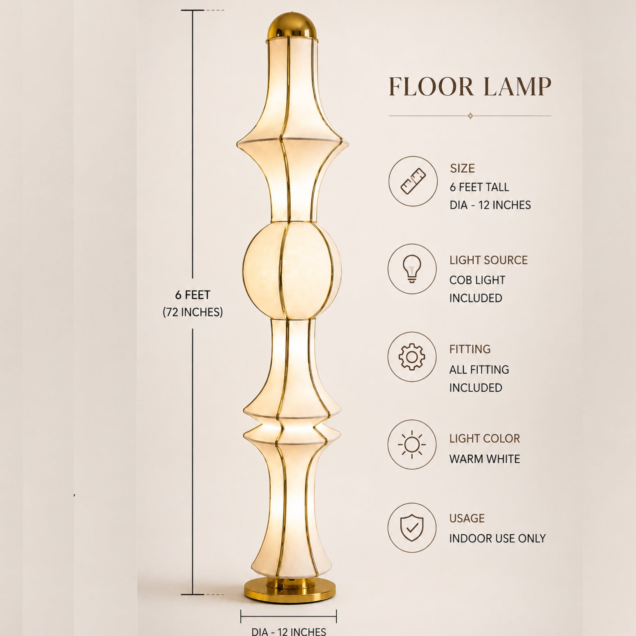 Off-White Fabric Japanese Style Floor Lamp with Golden Finish | Living Room, Bedroom, Hotel & Residential Space | LP-124