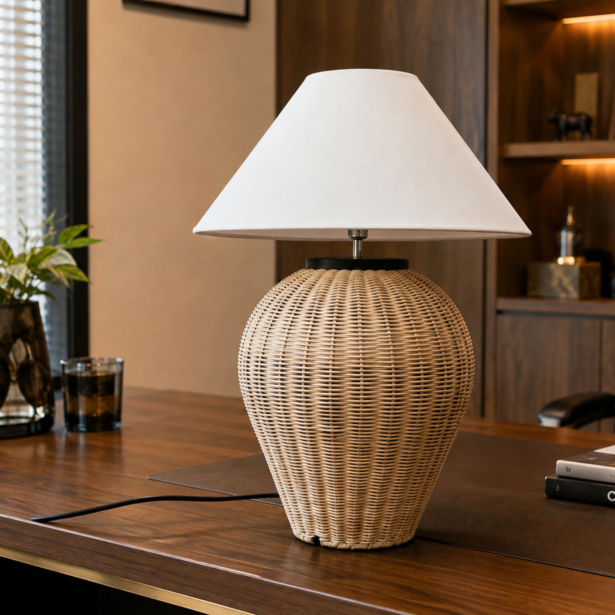 Handcrafted Cane Table Lamp with Off-White Fabric Shade | Boho & Rustic Table Lamp LP-119