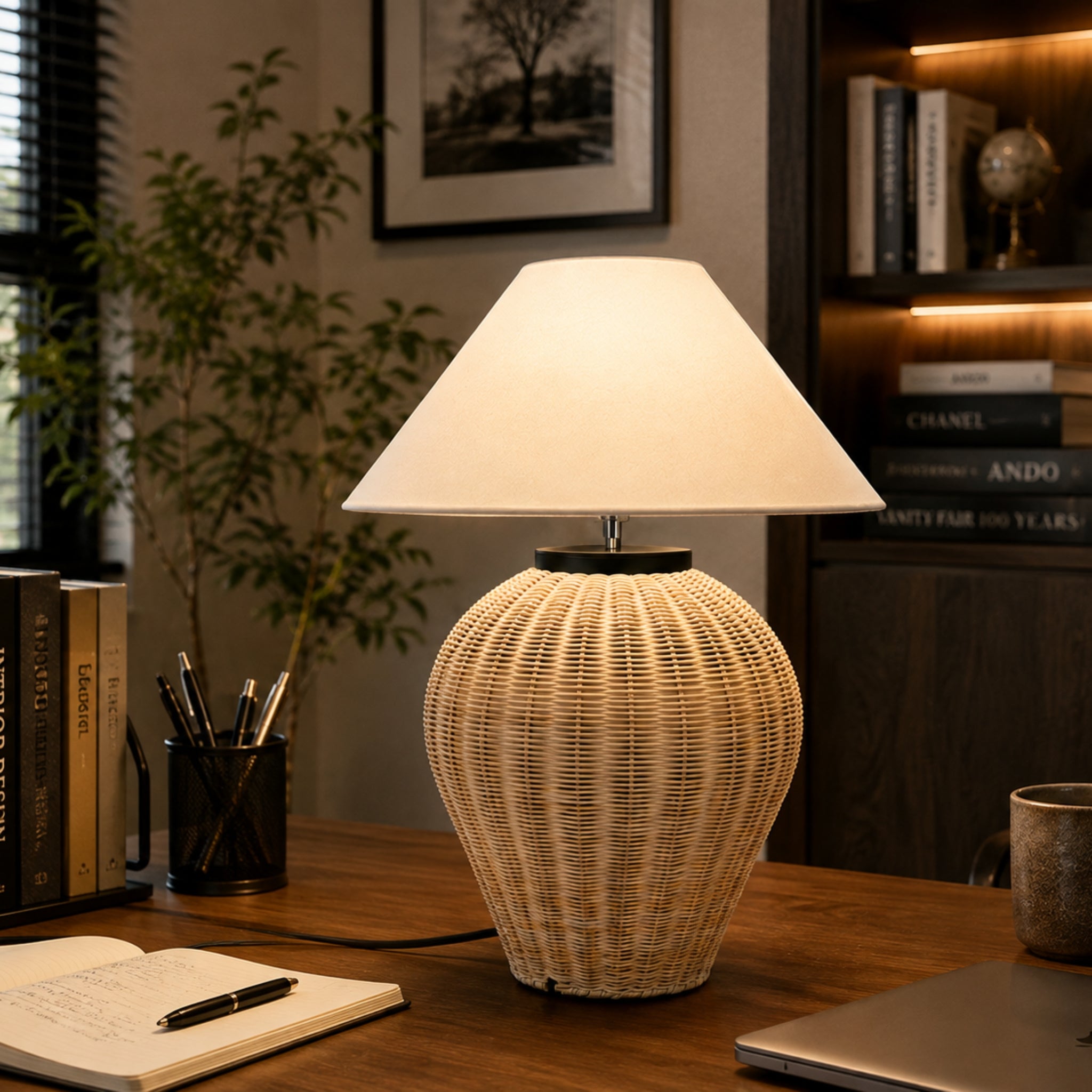 Handcrafted Cane Table Lamp with Off-White Fabric Shade | Boho & Rustic Table Lamp LP-119