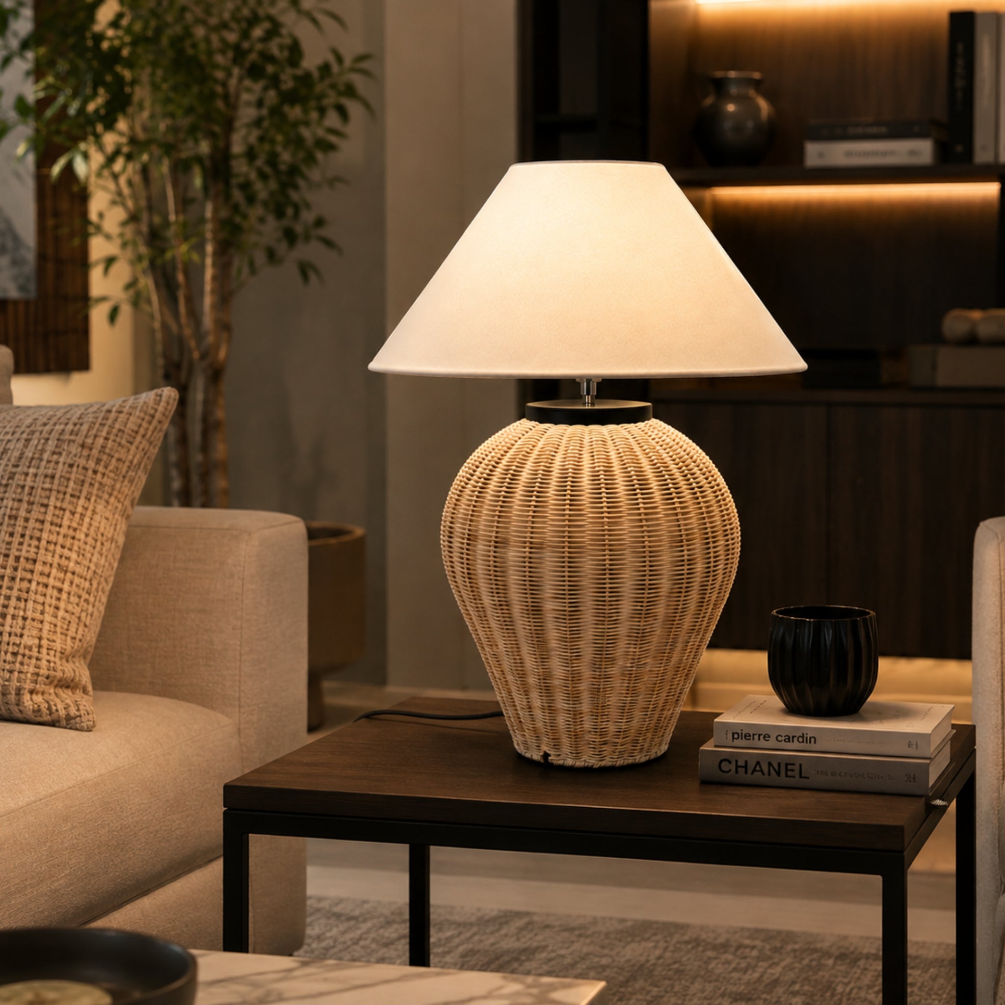 Handcrafted Cane Table Lamp with Off-White Fabric Shade | Boho & Rustic Table Lamp LP-119
