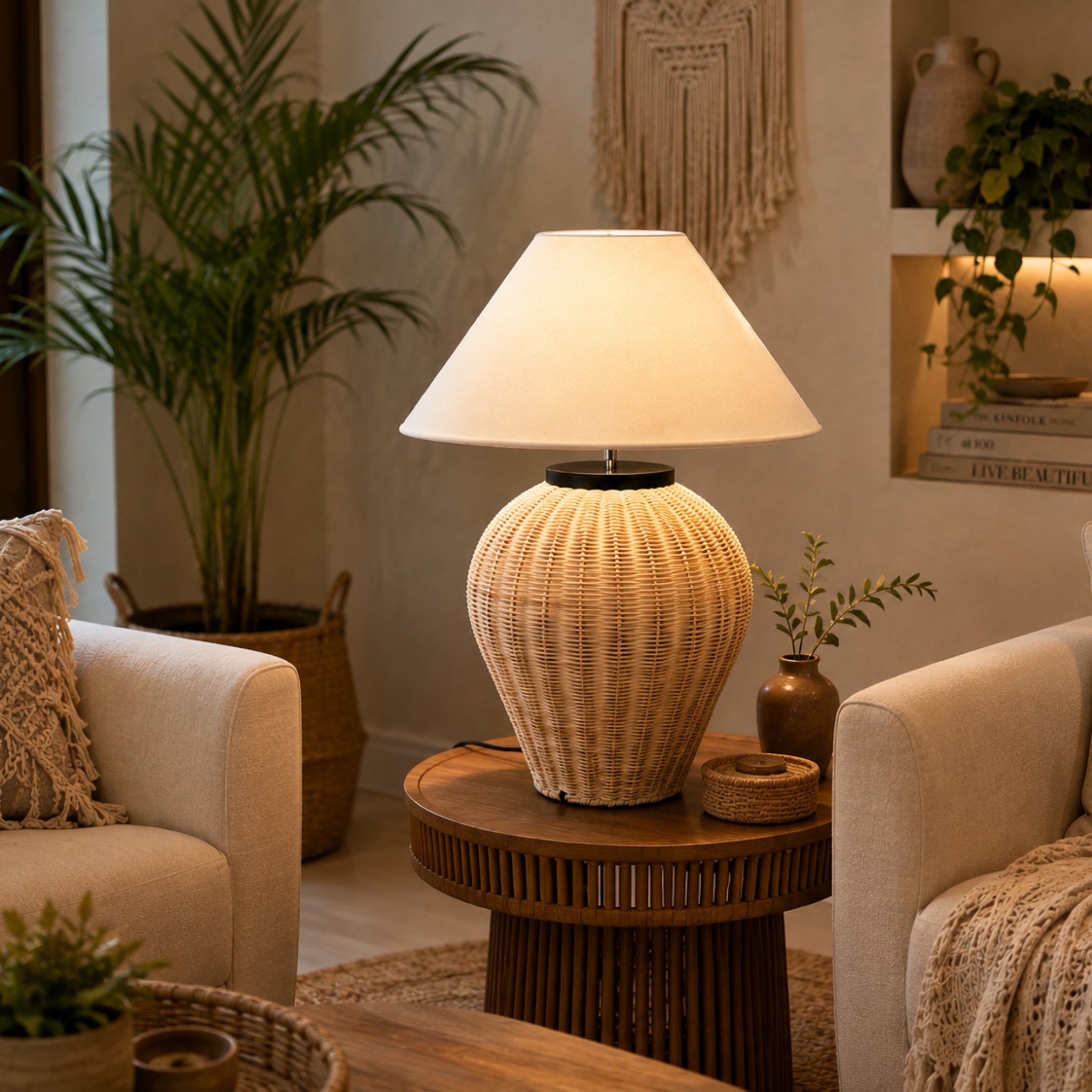 Handcrafted Cane Table Lamp with Off-White Fabric Shade | Boho & Rustic Table Lamp LP-119