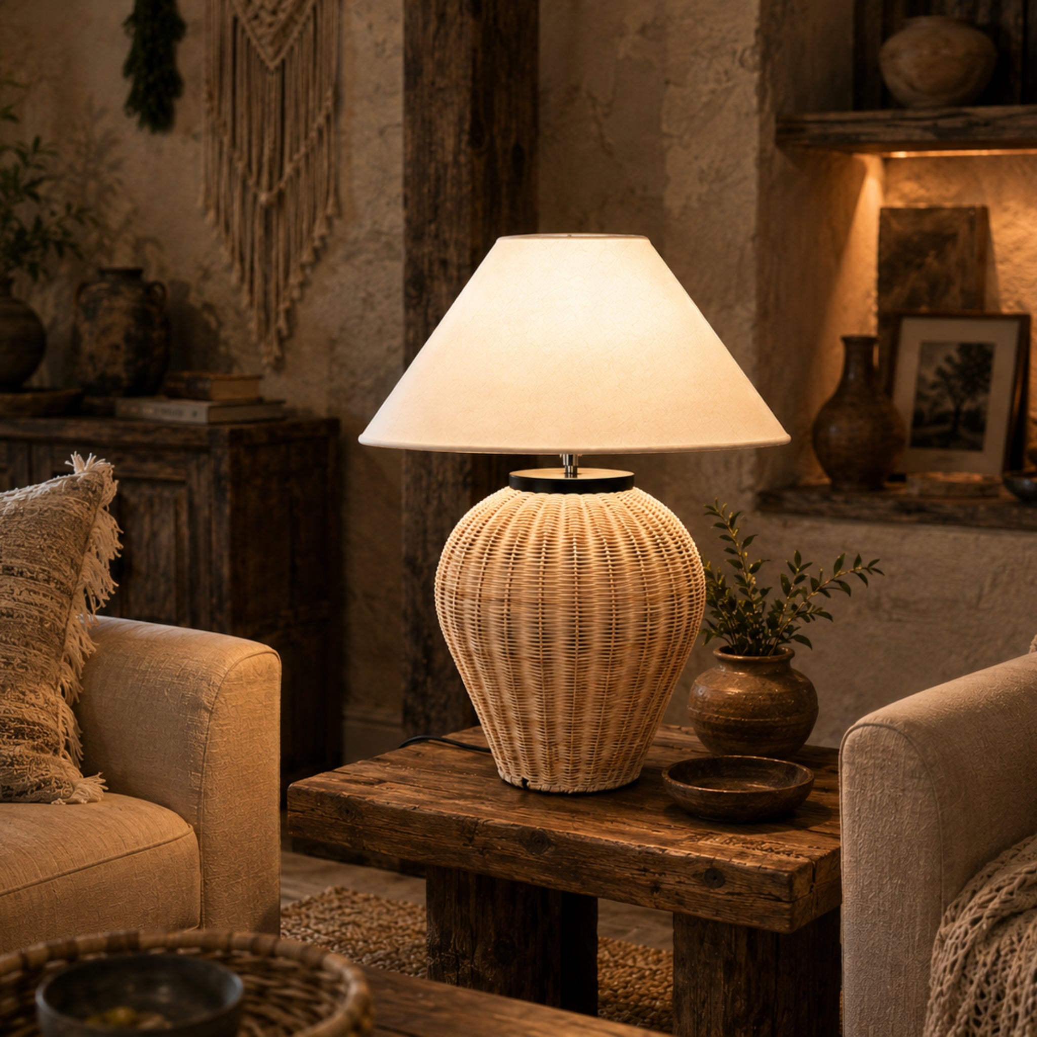 Handcrafted Cane Table Lamp with Off-White Fabric Shade | Boho & Rustic Table Lamp LP-119