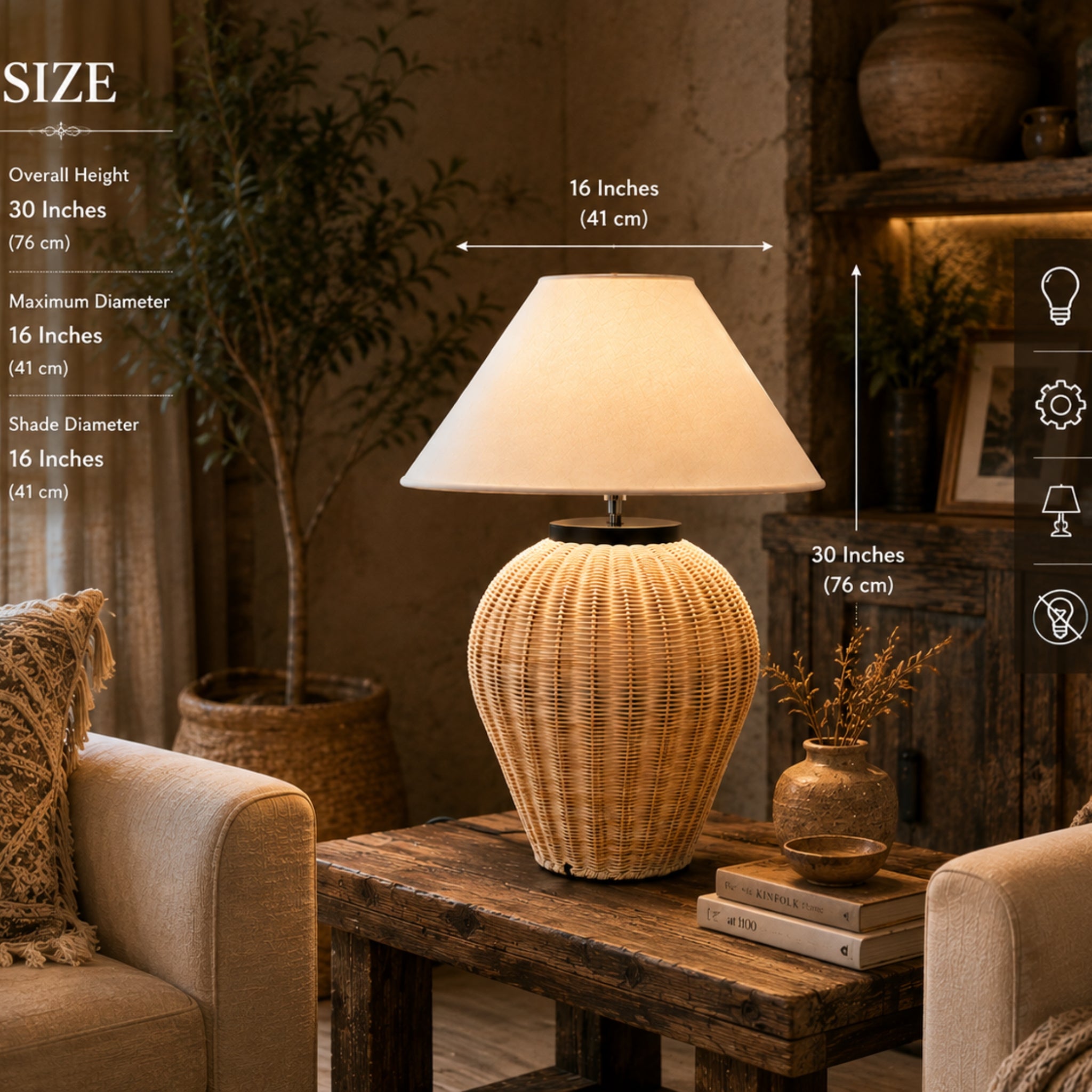 Handcrafted Cane Table Lamp with Off-White Fabric Shade | Boho & Rustic Table Lamp LP-119