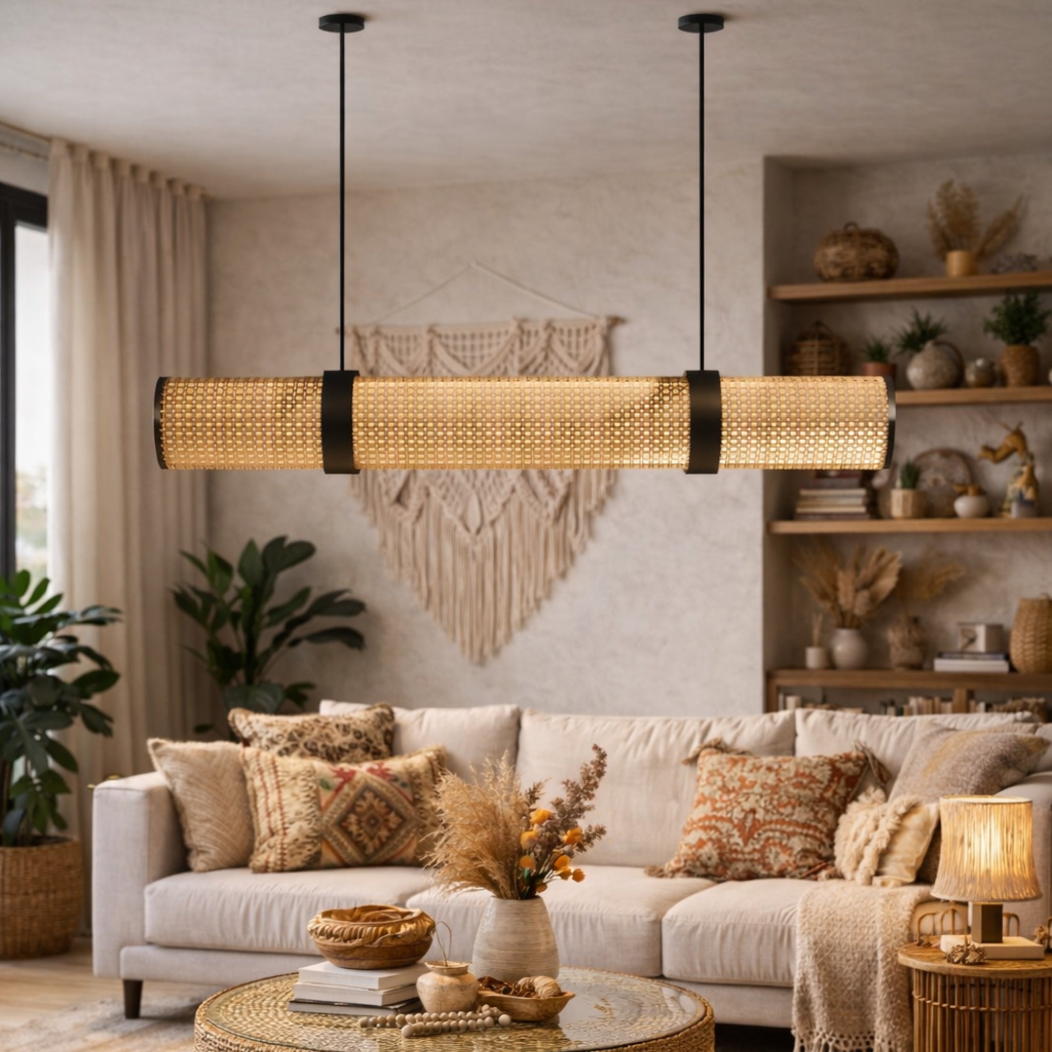 Handwoven Cane Linear Pendant Lamp | Natural Rattan Hanging Light for Dining & Living Spaces LP-106