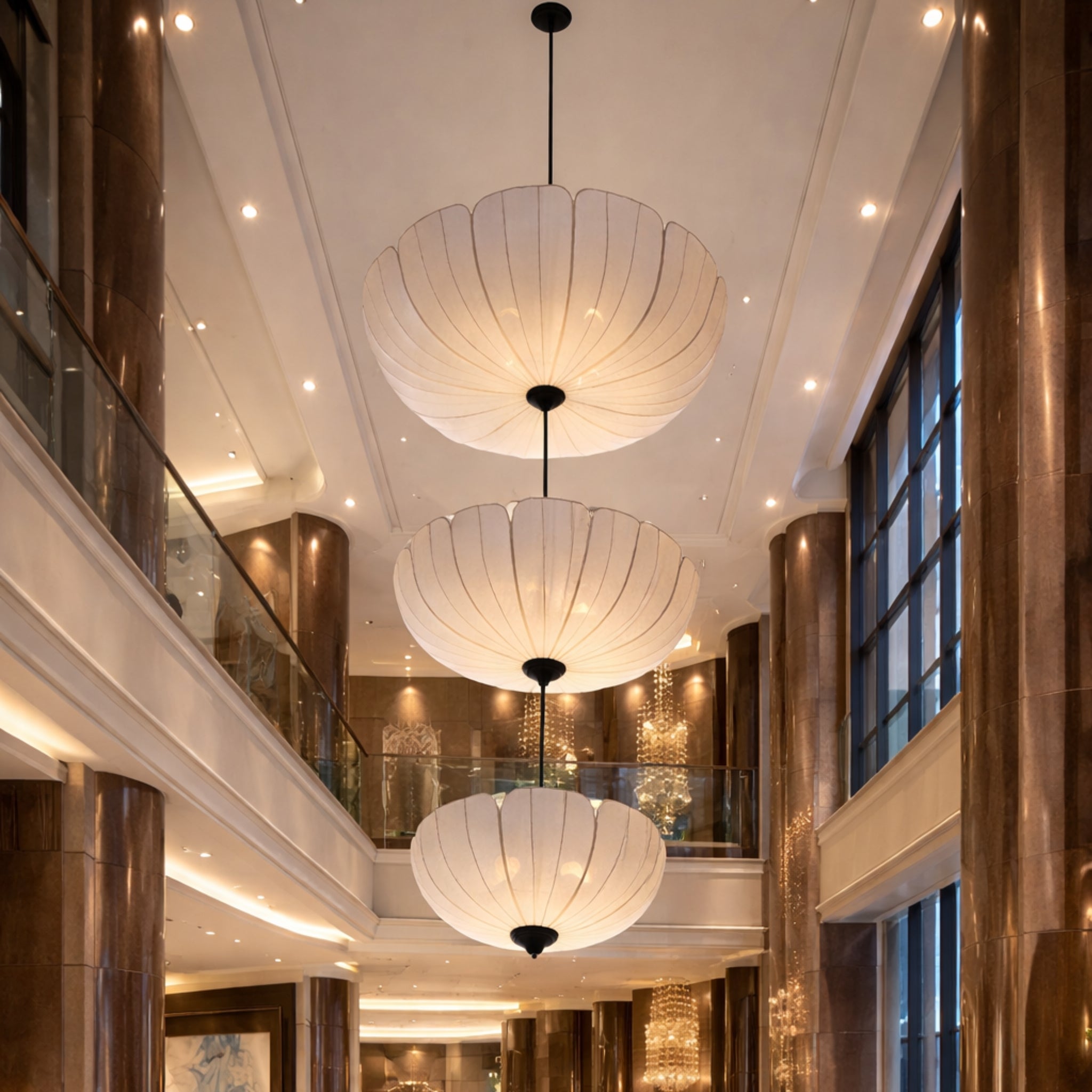3-Tier White Fabric Japanese Style Hanging Chandelier | Wabi-Sabi Double Height Staircase, Hotel Lobby & Luxury Living Room Pendant Lamp LP-115