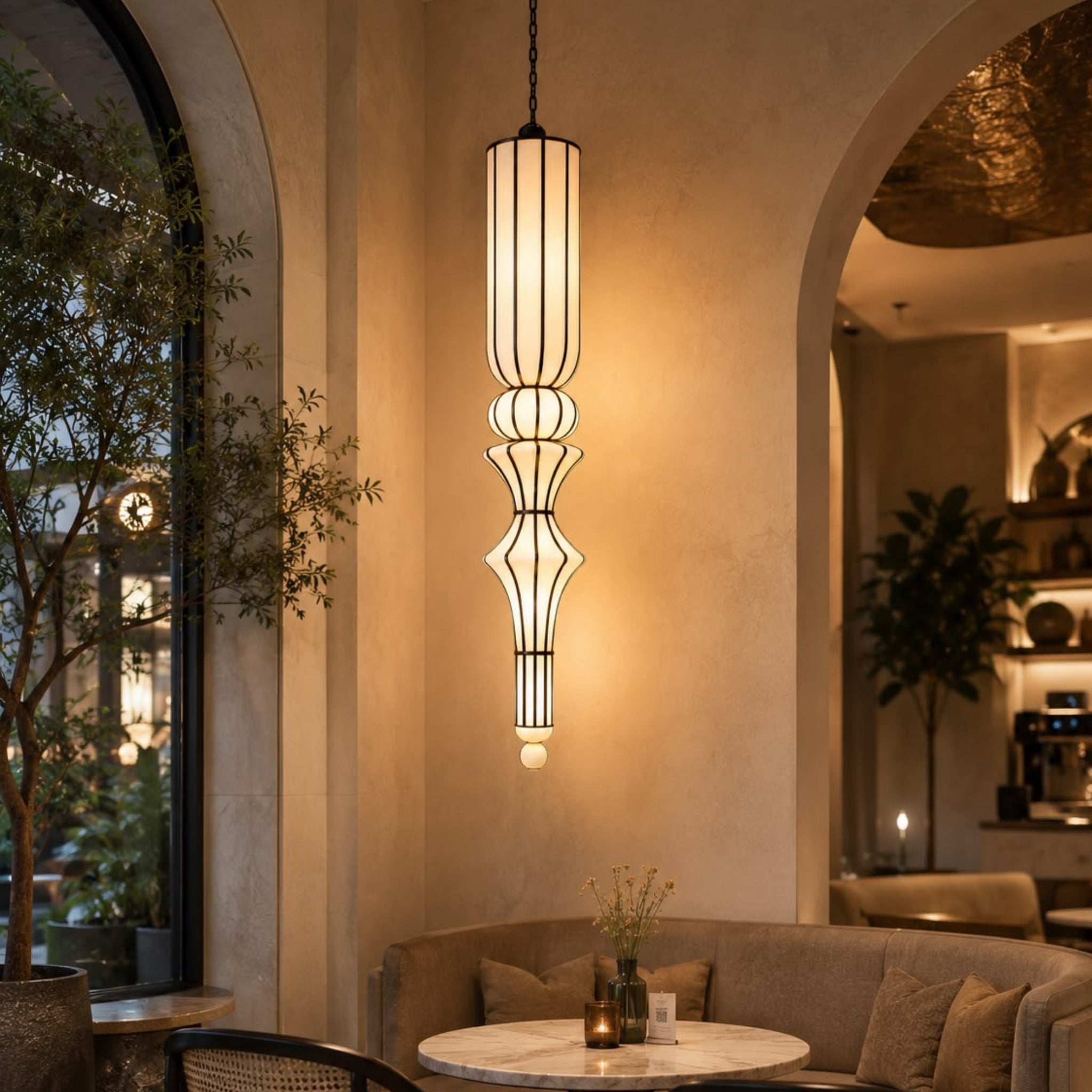 Off White Fabric Japanese Style Sculptural Hanging Lamp | Luxury Pendant Light for Living Room, Hotel & Café | LP-116