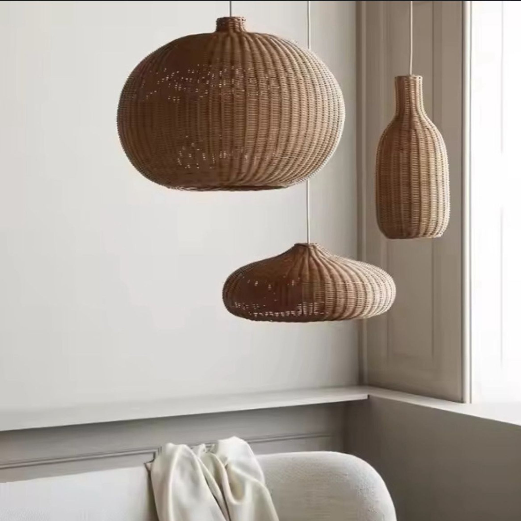 Set of 3 Natural Cane Hanging Lamps | Handcrafted Pendant Lighting for Living Room, Bedroom & Commercial Projects LP-94