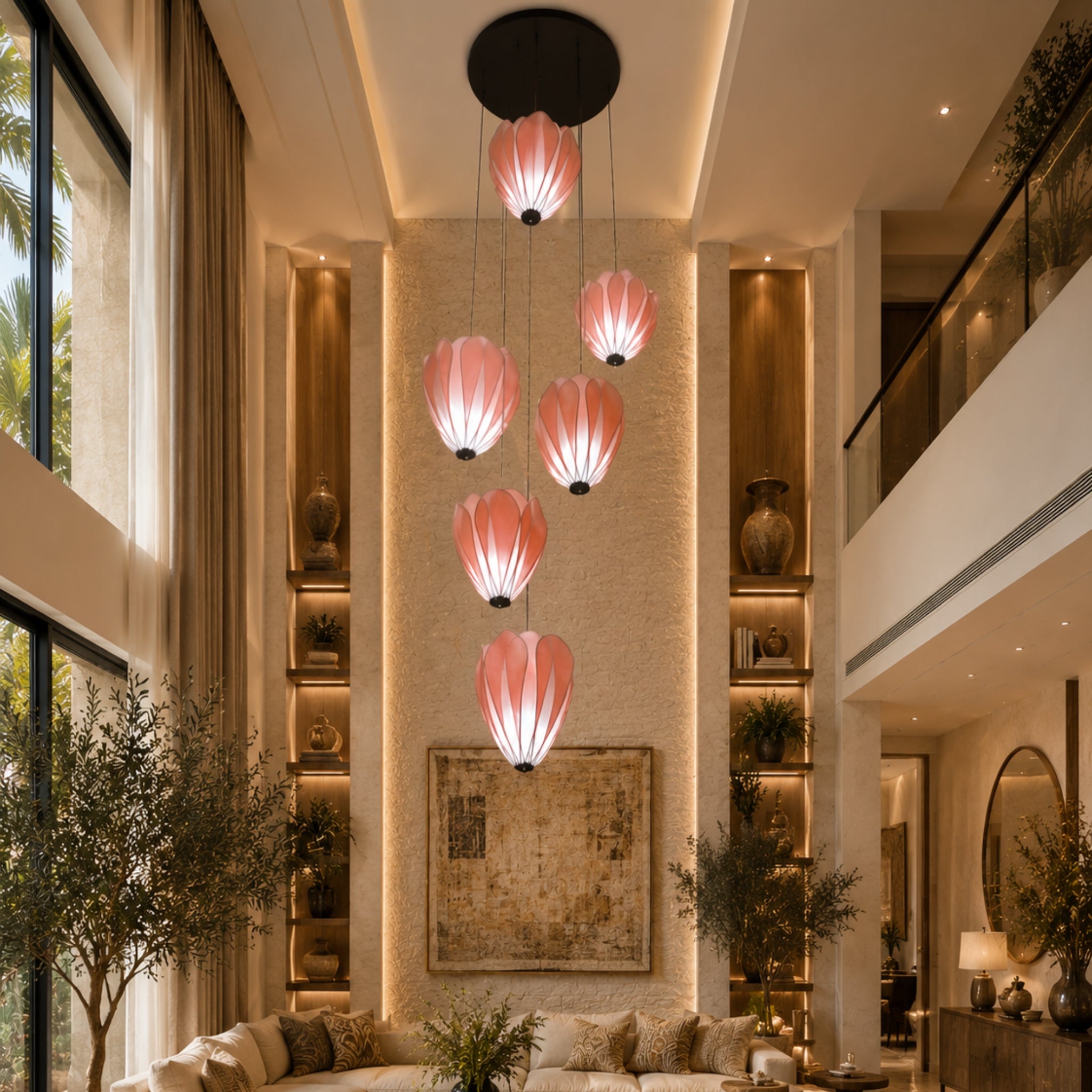 Blush Pink Fabric Japanese Style Hanging Lamp Cluster of 6 | Double Height Chandelier for Living Room, Staircase, Hotel & Residential Space LP-114