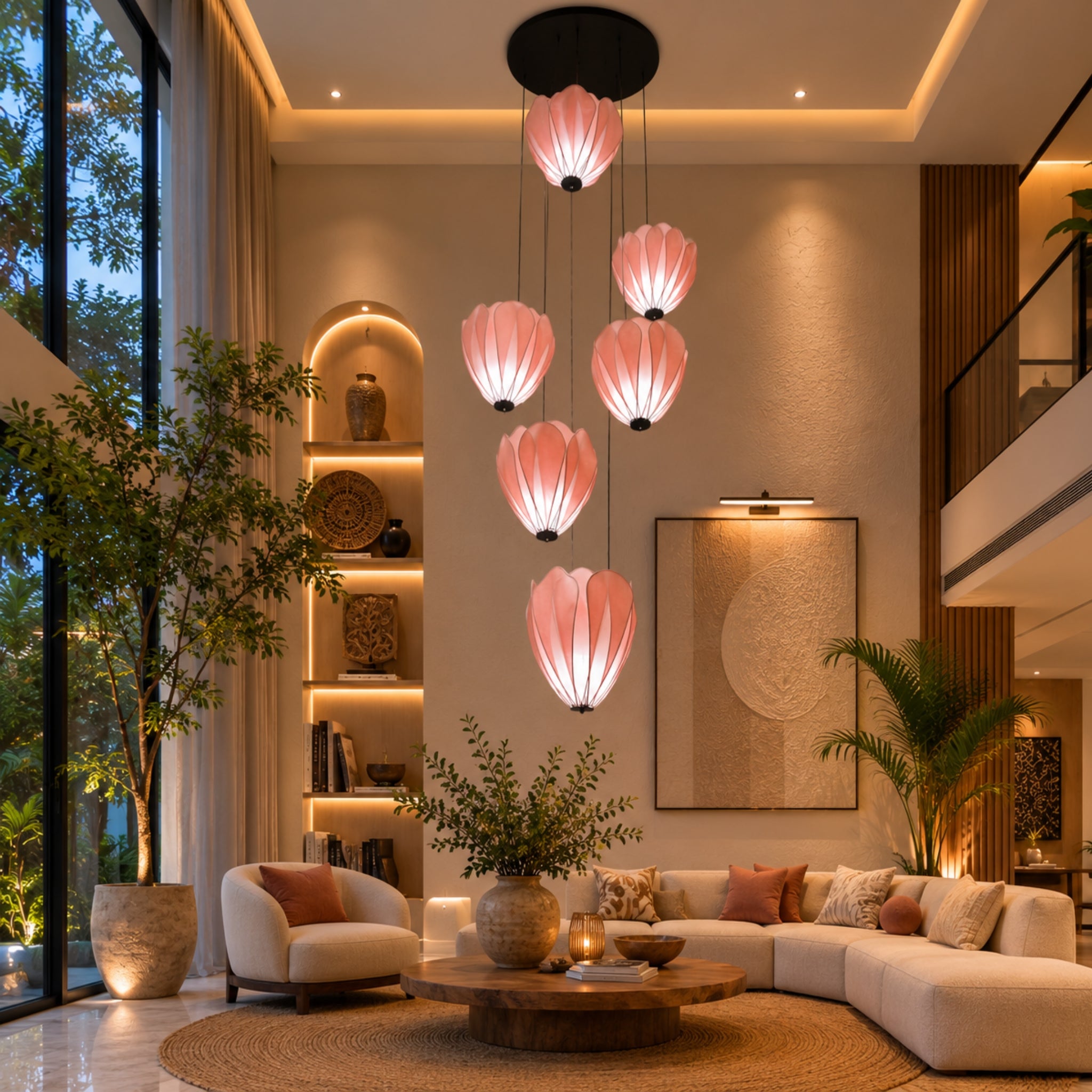 Blush Pink Fabric Japanese Style Hanging Lamp Cluster of 6 | Double Height Chandelier for Living Room, Staircase, Hotel & Residential Space LP-114