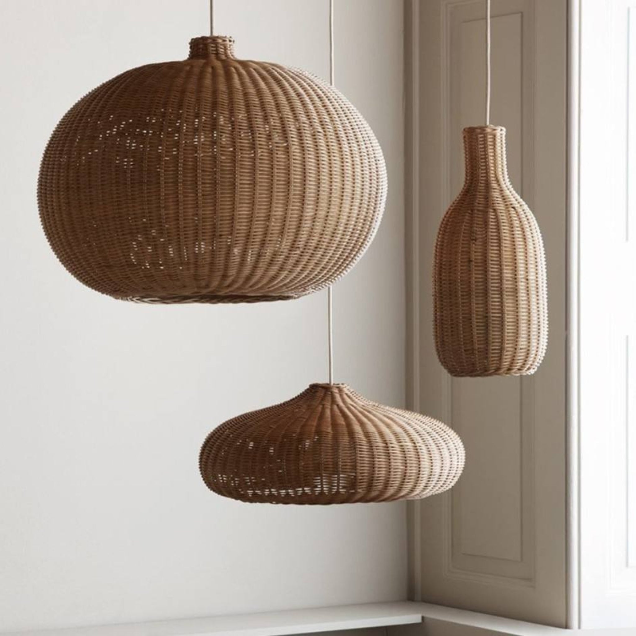 Set of 3 Natural Cane Hanging Lamps | Handcrafted Pendant Lighting for Living Room, Bedroom & Commercial Projects LP-94