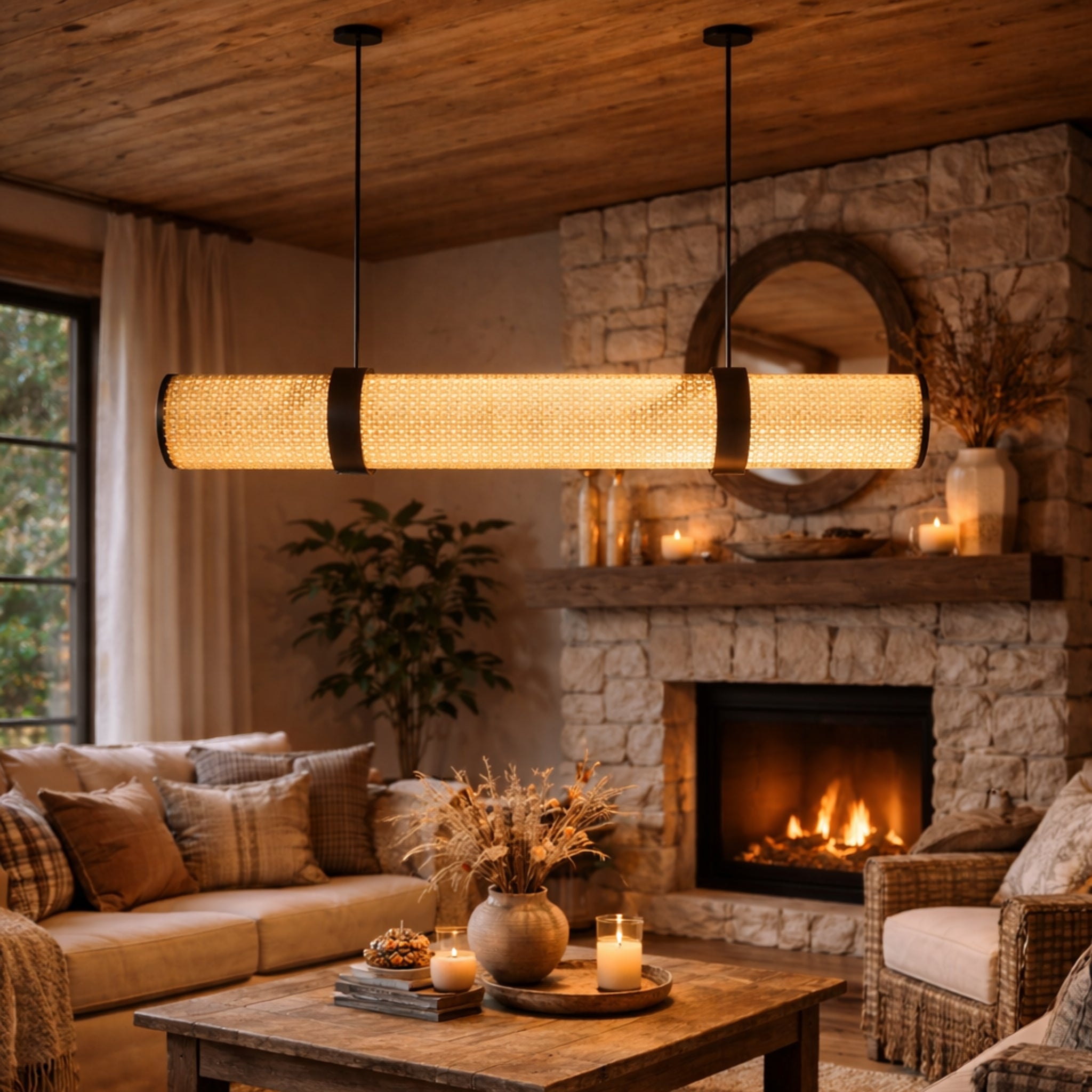 Handwoven Cane Linear Pendant Lamp | Natural Rattan Hanging Light for Dining & Living Spaces LP-106