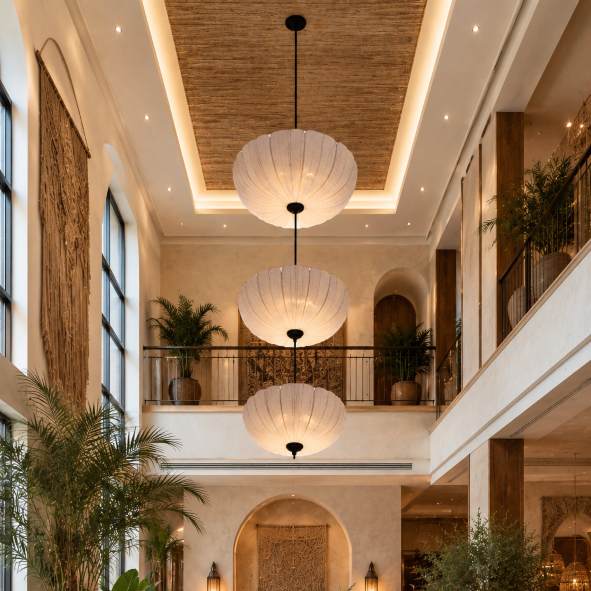 3-Tier White Fabric Japanese Style Hanging Chandelier | Wabi-Sabi Double Height Staircase, Hotel Lobby & Luxury Living Room Pendant Lamp LP-115