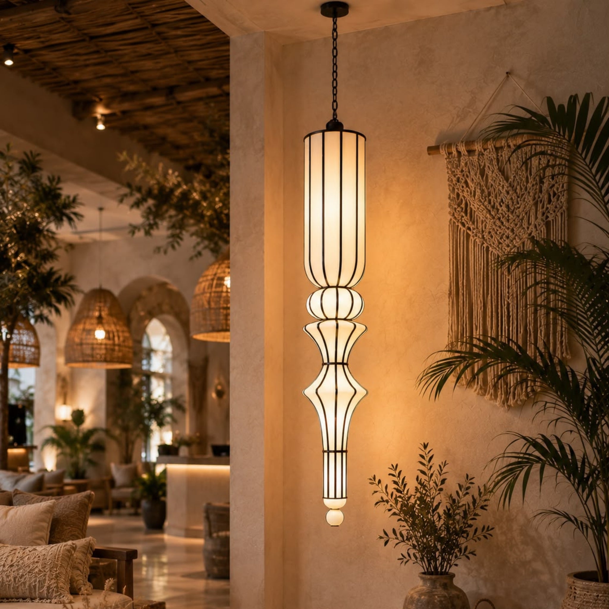 Off White Fabric Japanese Style Sculptural Hanging Lamp | Luxury Pendant Light for Living Room, Hotel & Café | LP-116