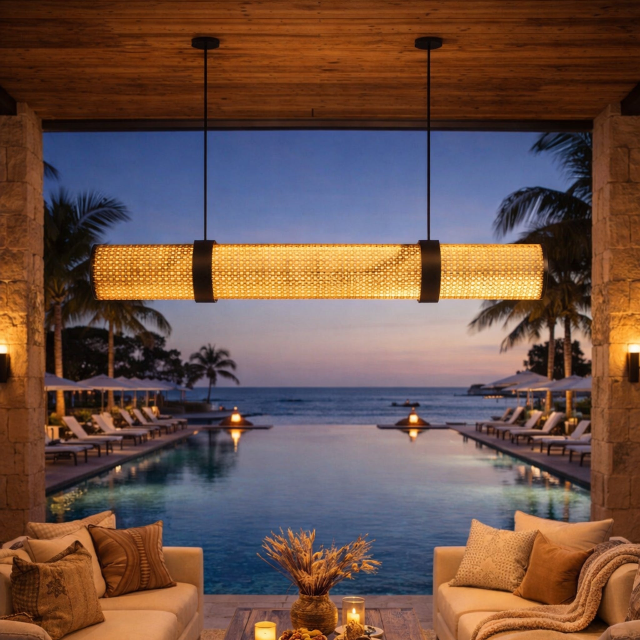 Handwoven Cane Linear Pendant Lamp | Natural Rattan Hanging Light for Dining & Living Spaces LP-106