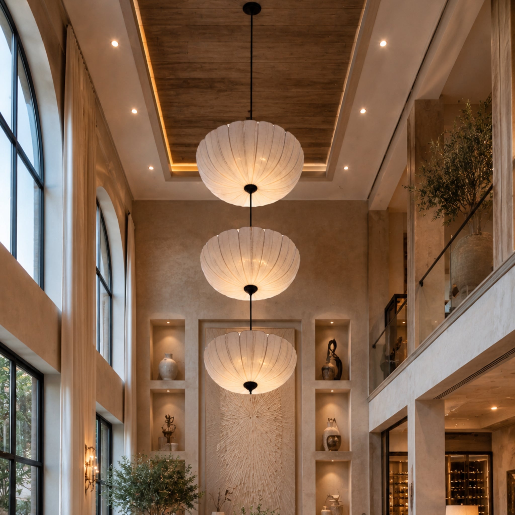 3-Tier White Fabric Japanese Style Hanging Chandelier | Wabi-Sabi Double Height Staircase, Hotel Lobby & Luxury Living Room Pendant Lamp LP-115