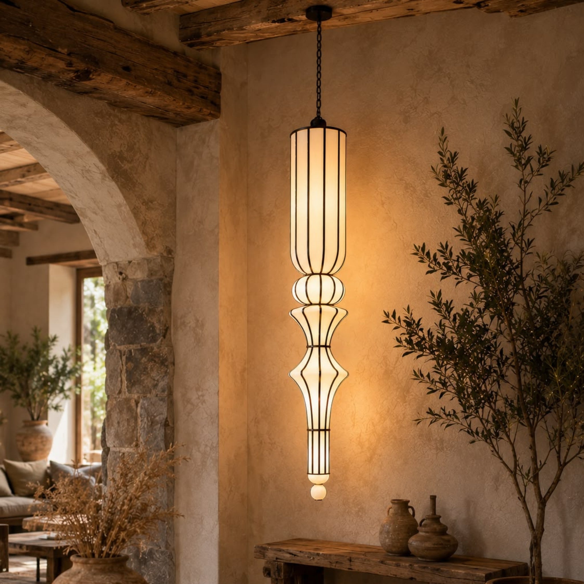 Off White Fabric Japanese Style Sculptural Hanging Lamp | Luxury Pendant Light for Living Room, Hotel & Café | LP-116