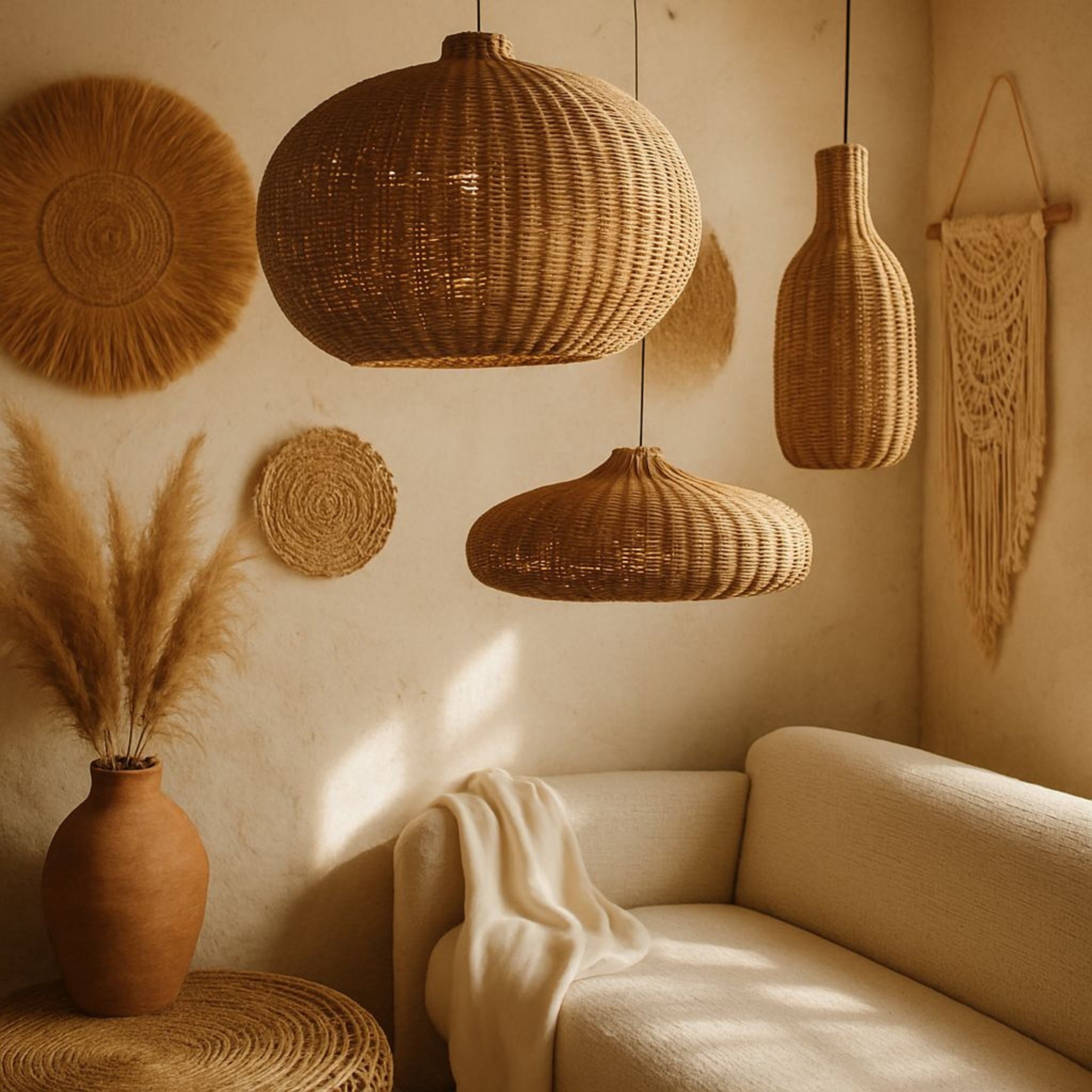 Set of 3 Natural Cane Hanging Lamps | Handcrafted Pendant Lighting for Living Room, Bedroom & Commercial Projects LP-94