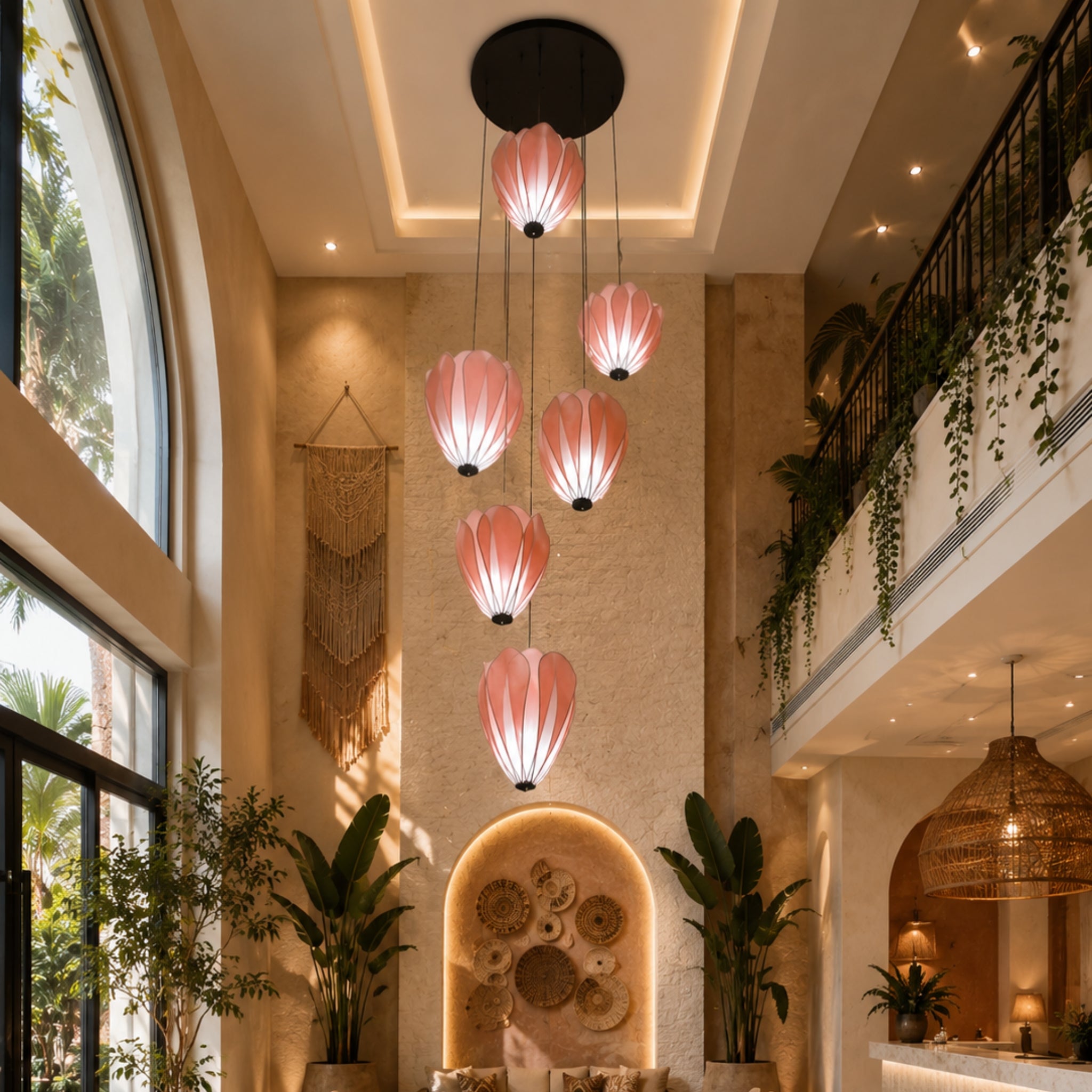 Blush Pink Fabric Japanese Style Hanging Lamp Cluster of 6 | Double Height Chandelier for Living Room, Staircase, Hotel & Residential Space LP-114