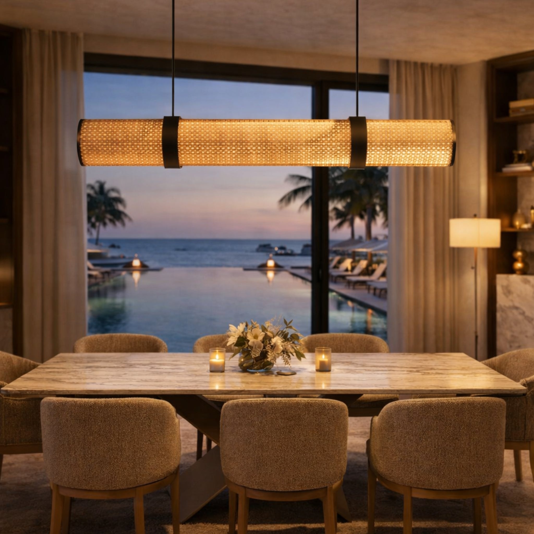 Handwoven Cane Linear Pendant Lamp | Natural Rattan Hanging Light for Dining & Living Spaces LP-106