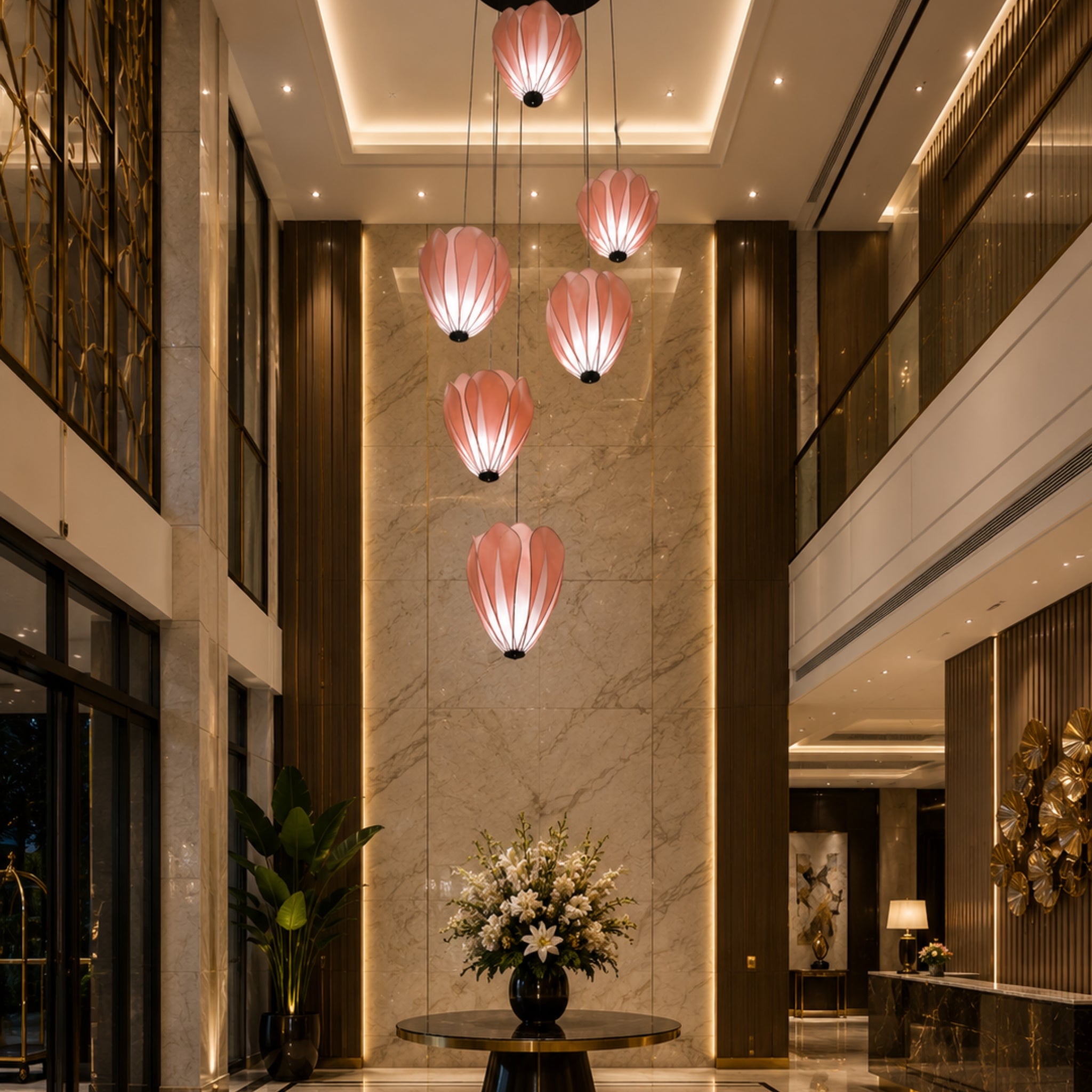 Blush Pink Fabric Japanese Style Hanging Lamp Cluster of 6 | Double Height Chandelier for Living Room, Staircase, Hotel & Residential Space LP-114