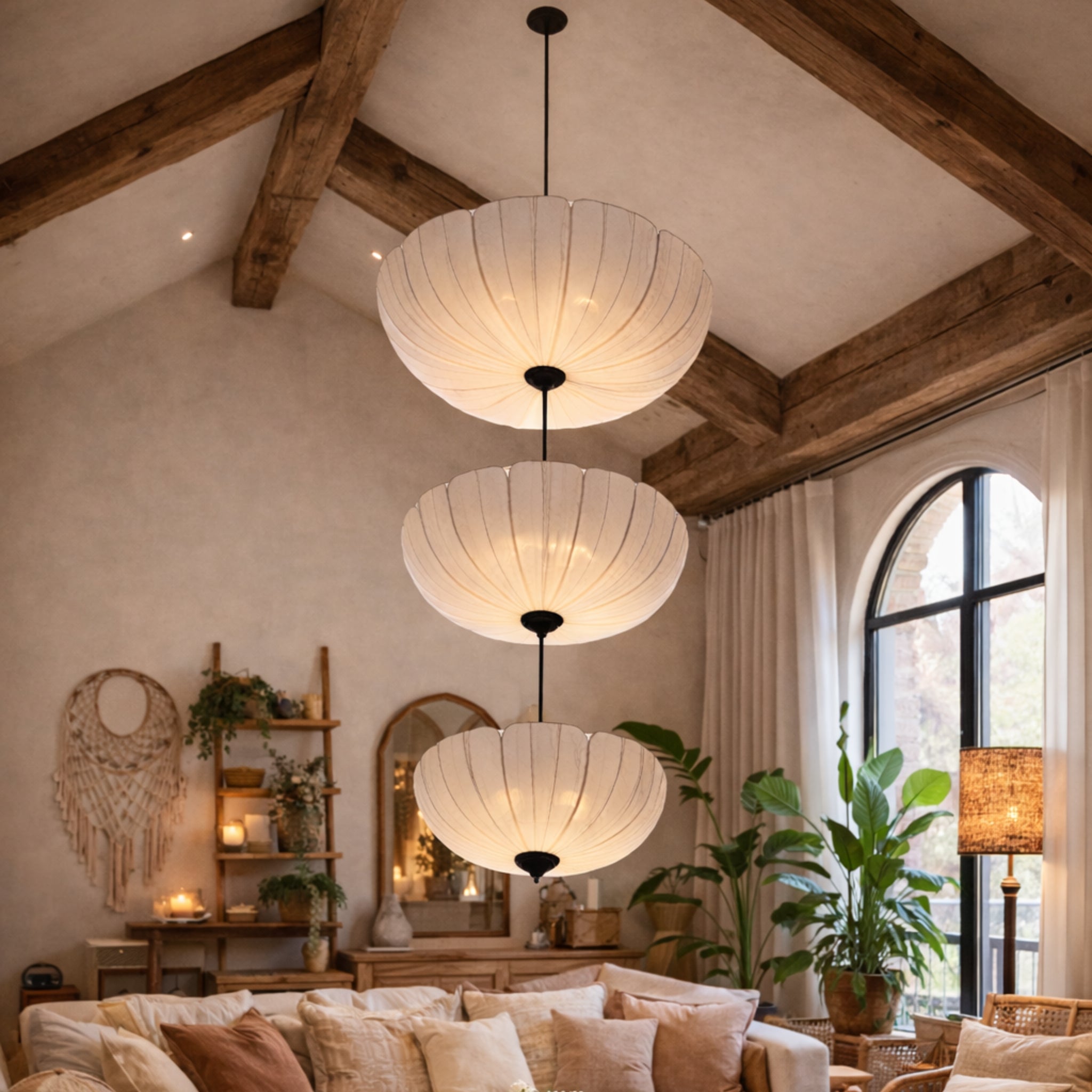 3-Tier White Fabric Japanese Style Hanging Chandelier | Wabi-Sabi Double Height Staircase, Hotel Lobby & Luxury Living Room Pendant Lamp LP-115