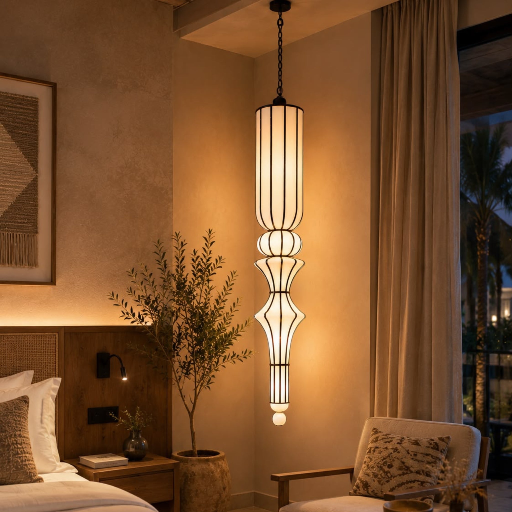Off White Fabric Japanese Style Sculptural Hanging Lamp | Luxury Pendant Light for Living Room, Hotel & Café | LP-116