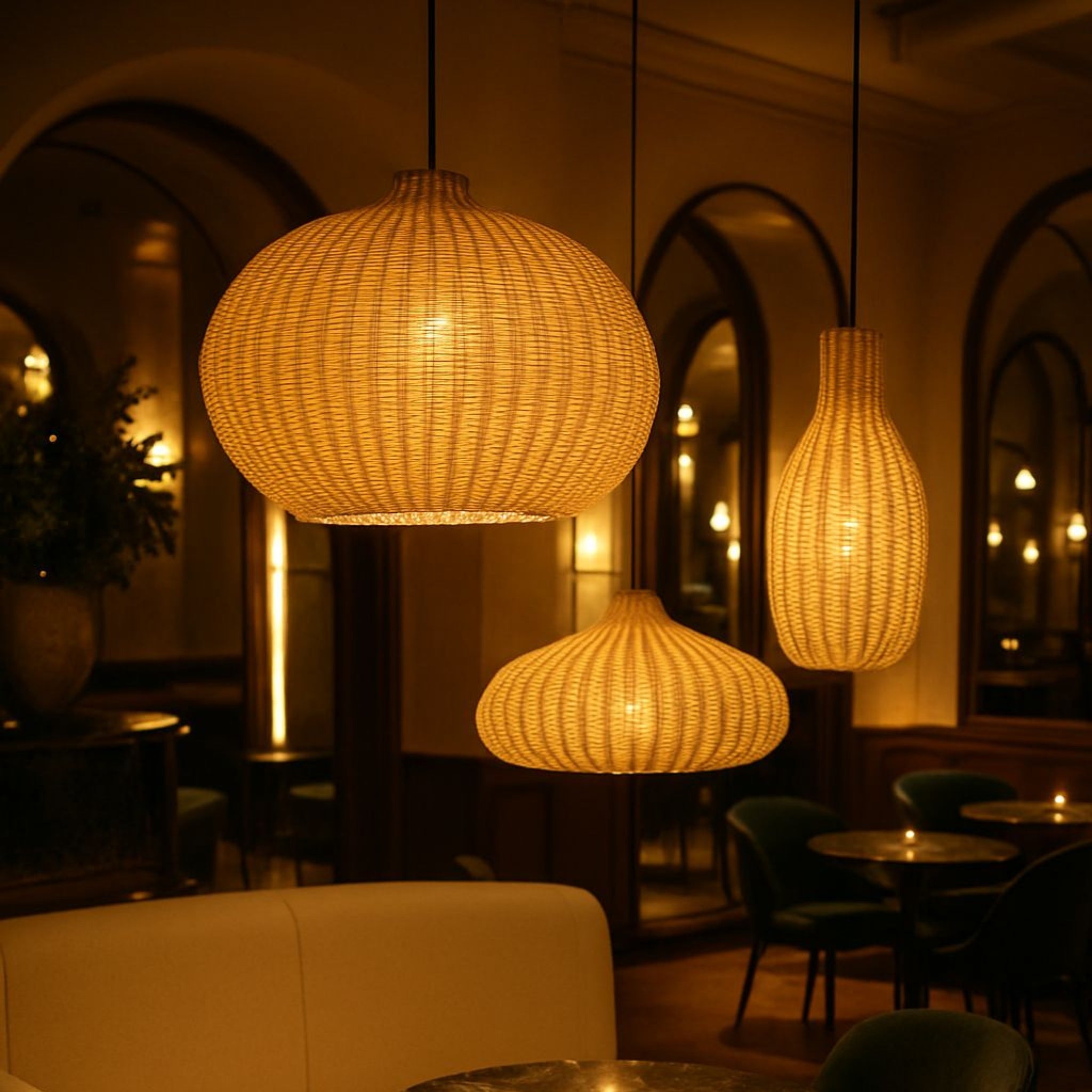 Set of 3 Natural Cane Hanging Lamps | Handcrafted Pendant Lighting for Living Room, Bedroom & Commercial Projects LP-94