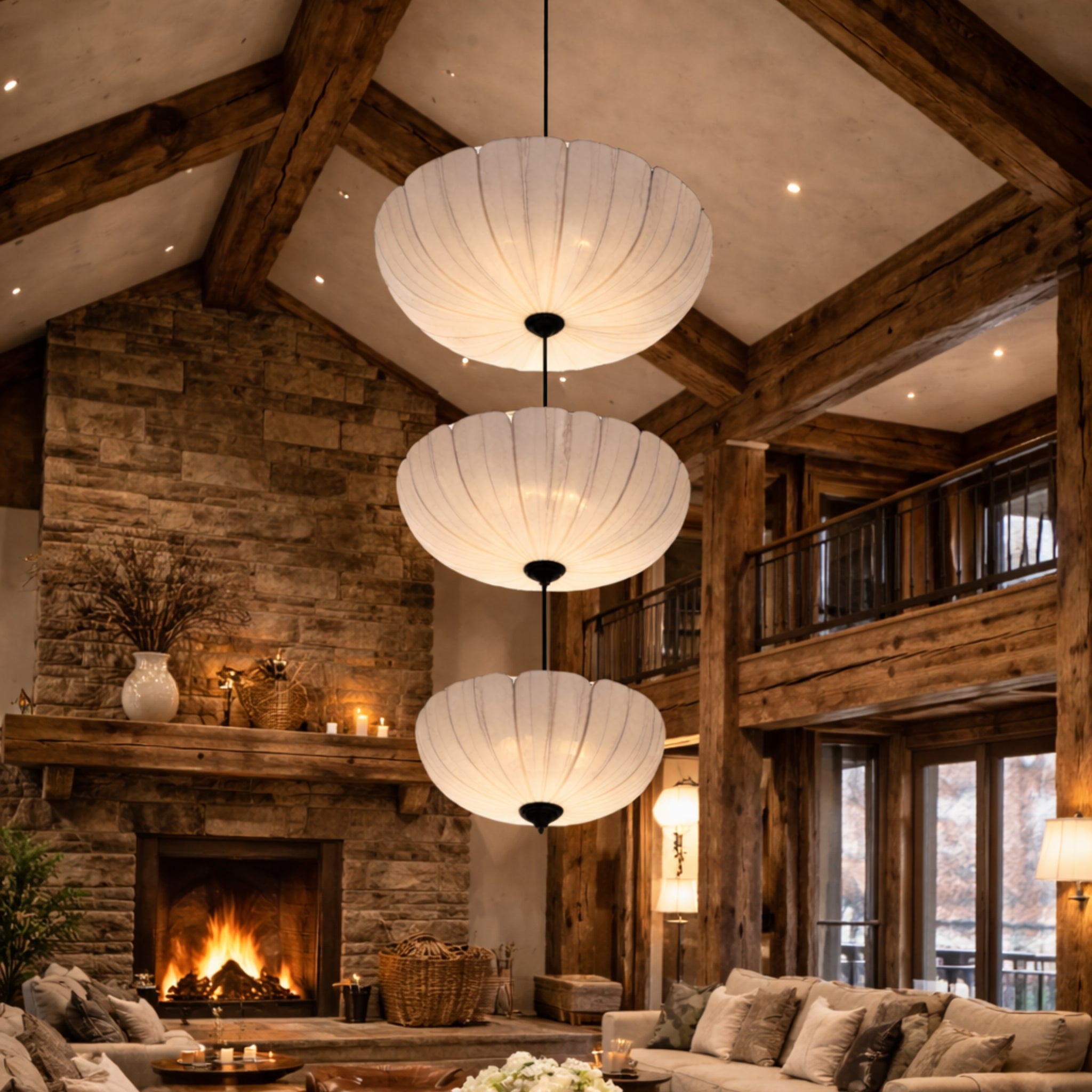 3-Tier White Fabric Japanese Style Hanging Chandelier | Wabi-Sabi Double Height Staircase, Hotel Lobby & Luxury Living Room Pendant Lamp LP-115