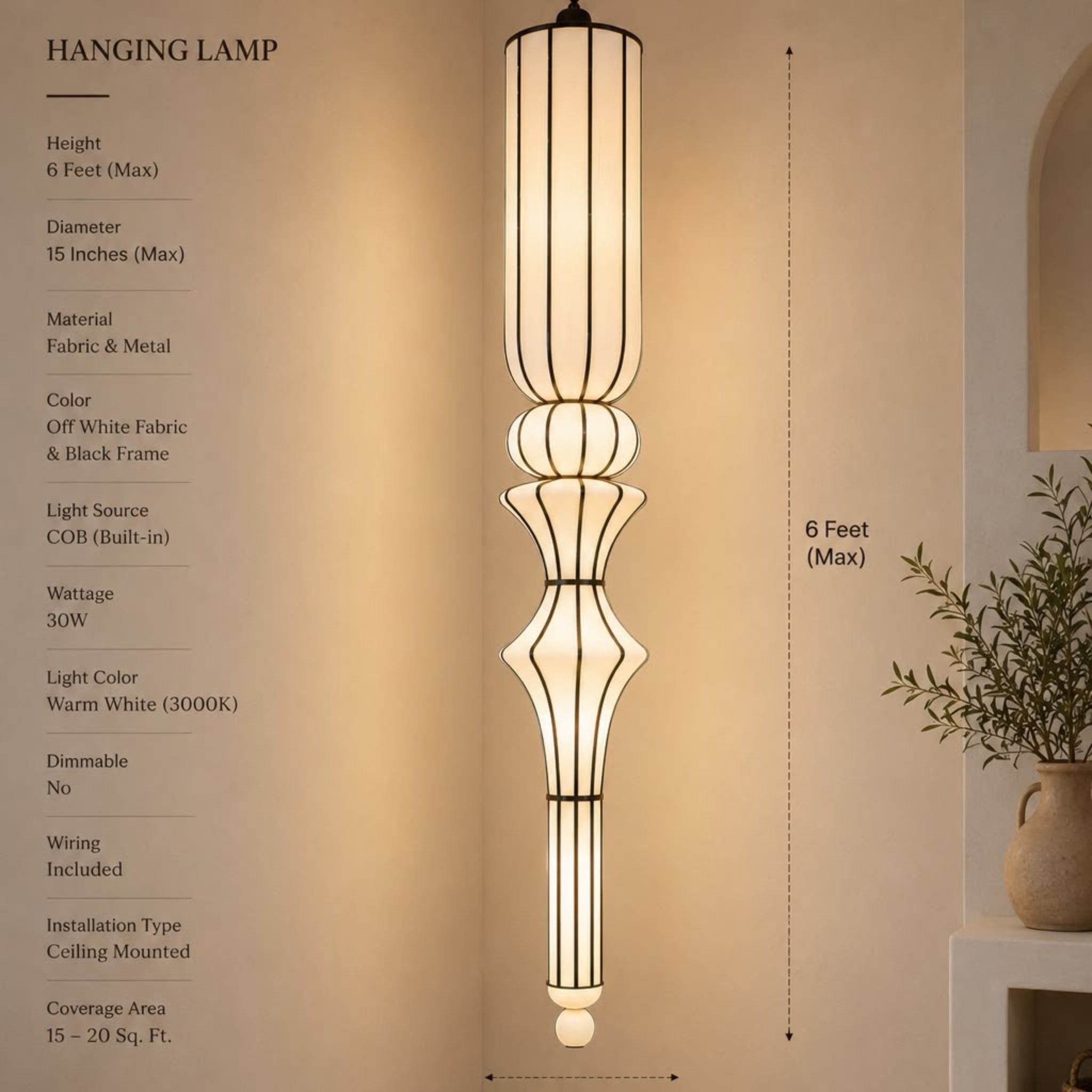 Off White Fabric Japanese Style Sculptural Hanging Lamp | Luxury Pendant Light for Living Room, Hotel & Café | LP-116