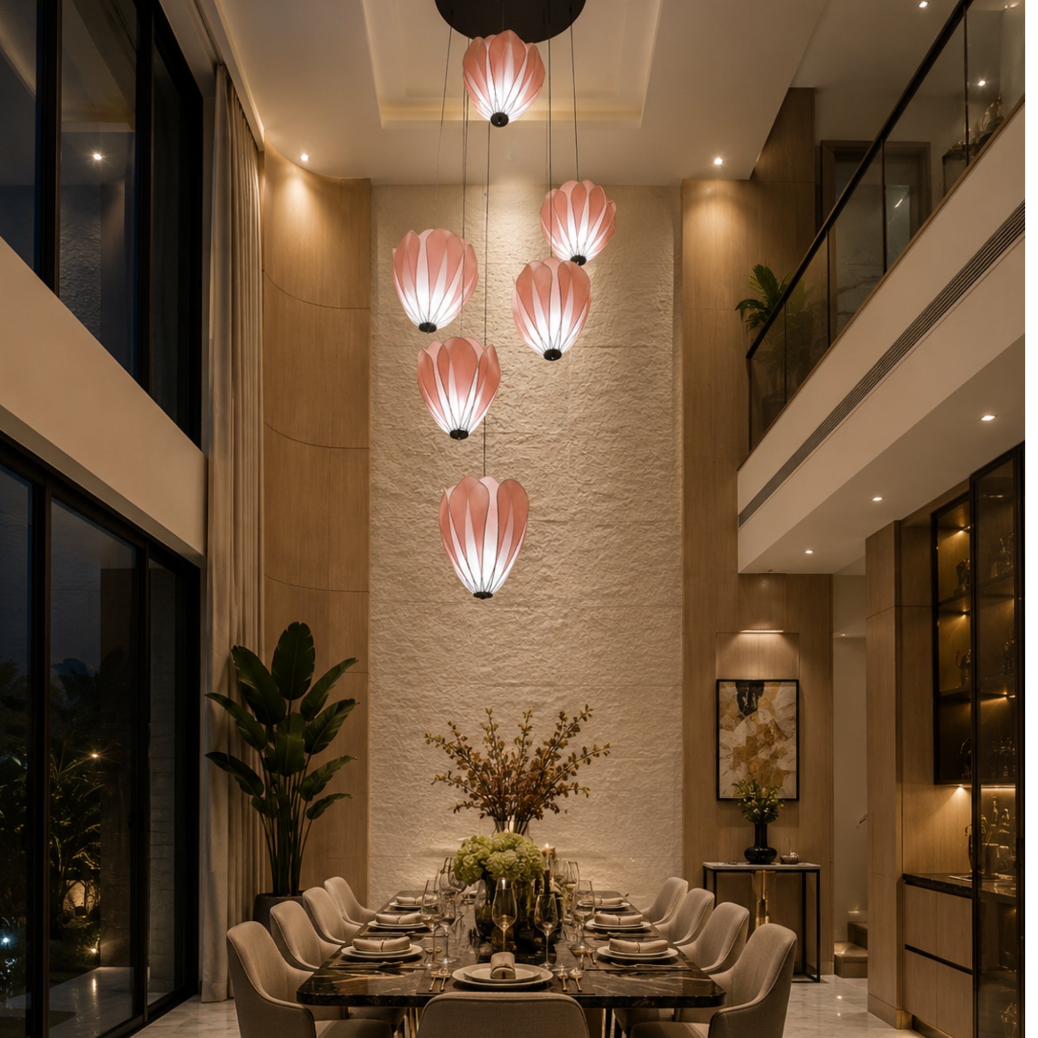 Blush Pink Fabric Japanese Style Hanging Lamp Cluster of 6 | Double Height Chandelier for Living Room, Staircase, Hotel & Residential Space LP-114
