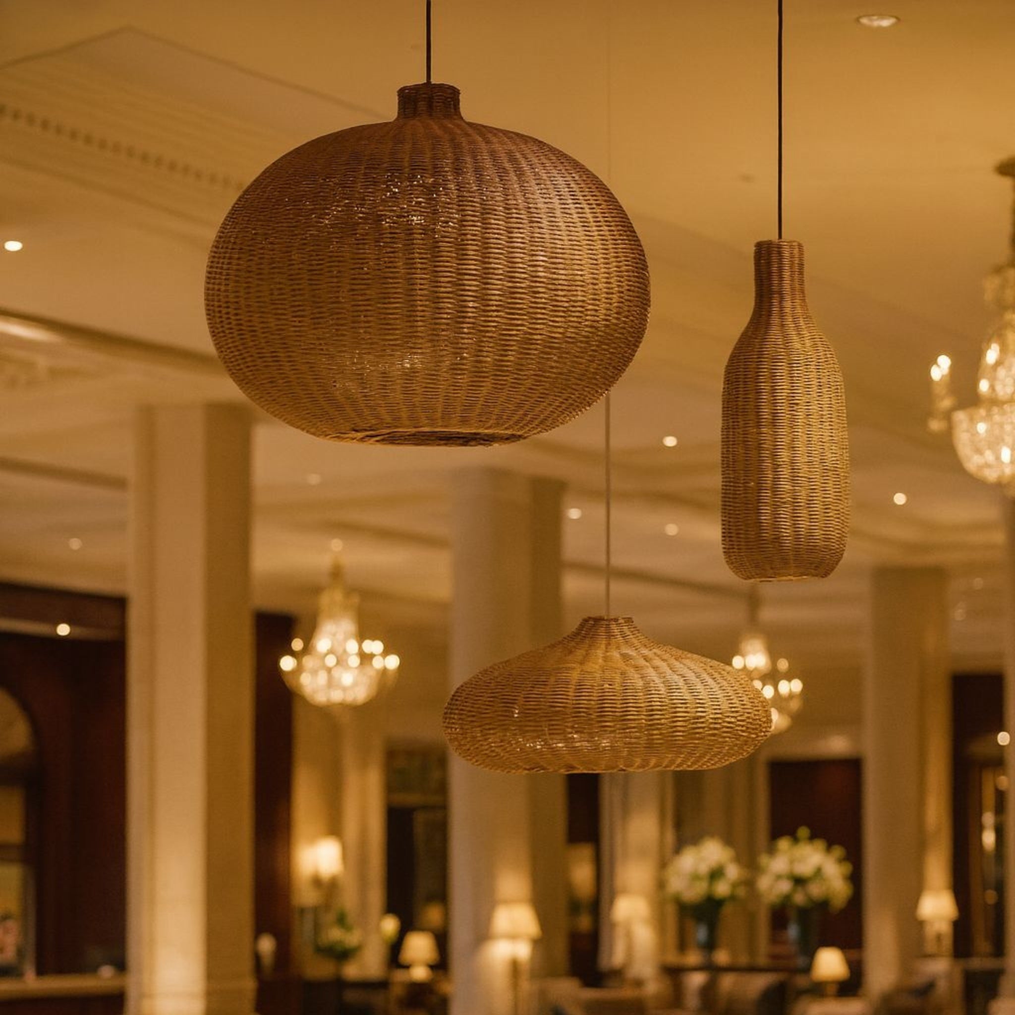 Set of 3 Natural Cane Hanging Lamps | Handcrafted Pendant Lighting for Living Room, Bedroom & Commercial Projects LP-94