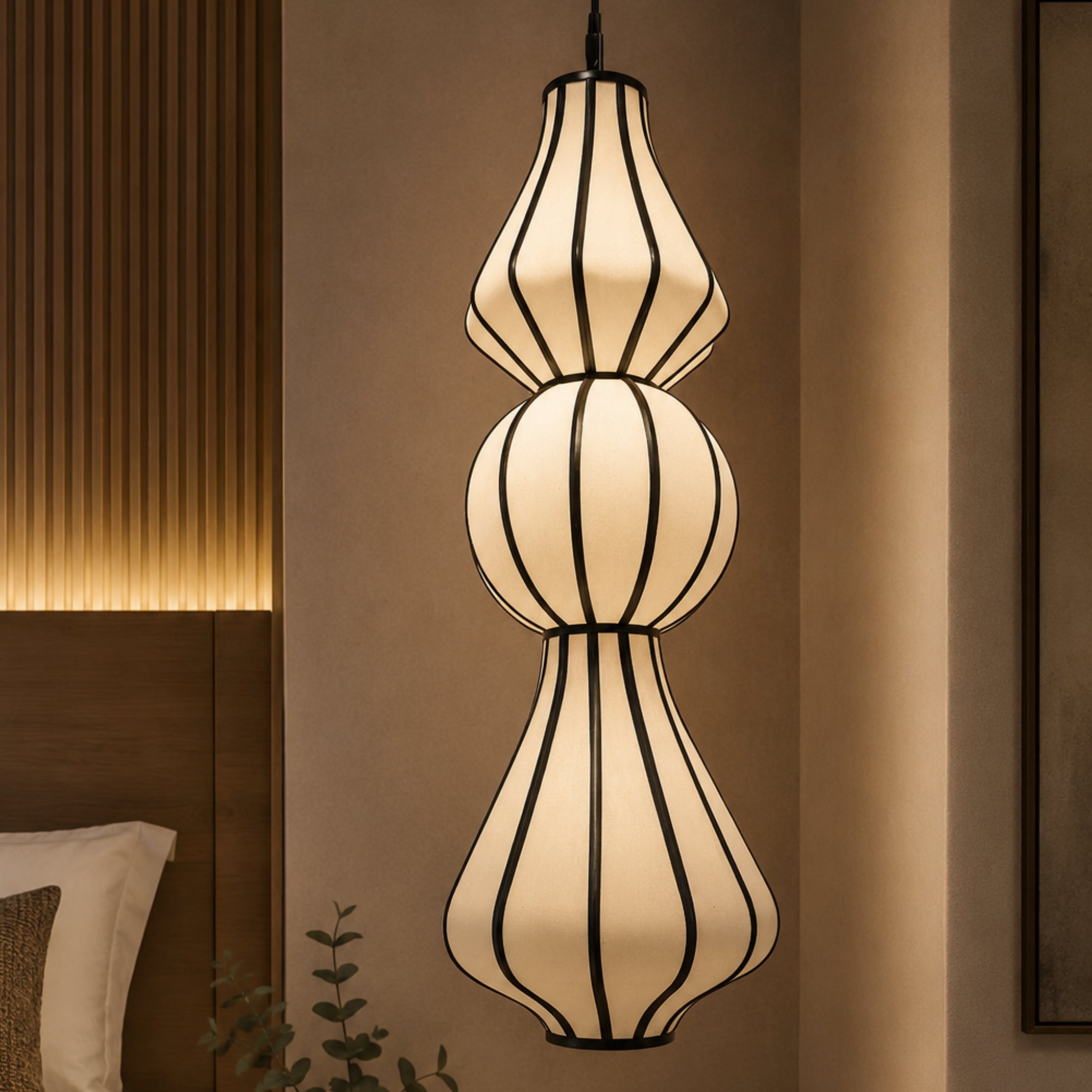 Off-White Fabric Sculptural Hanging Lamp with COB Light | Boho, Rustic & Wabi-Sabi Pendant Light LP-117