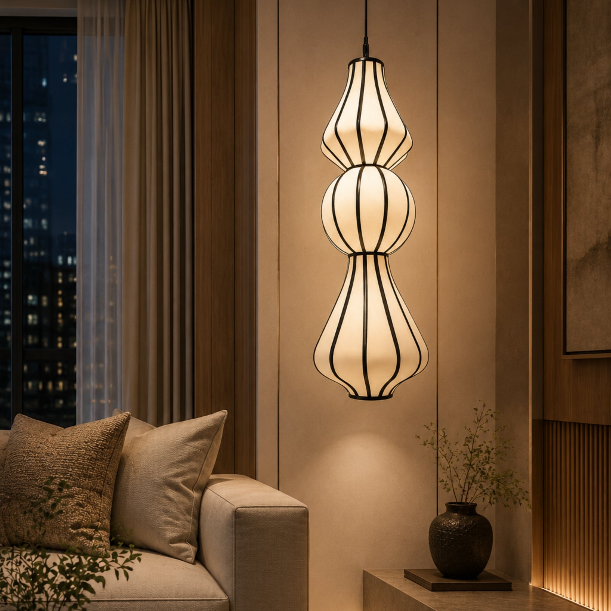 Off-White Fabric Sculptural Hanging Lamp with COB Light | Boho, Rustic & Wabi-Sabi Pendant Light LP-117