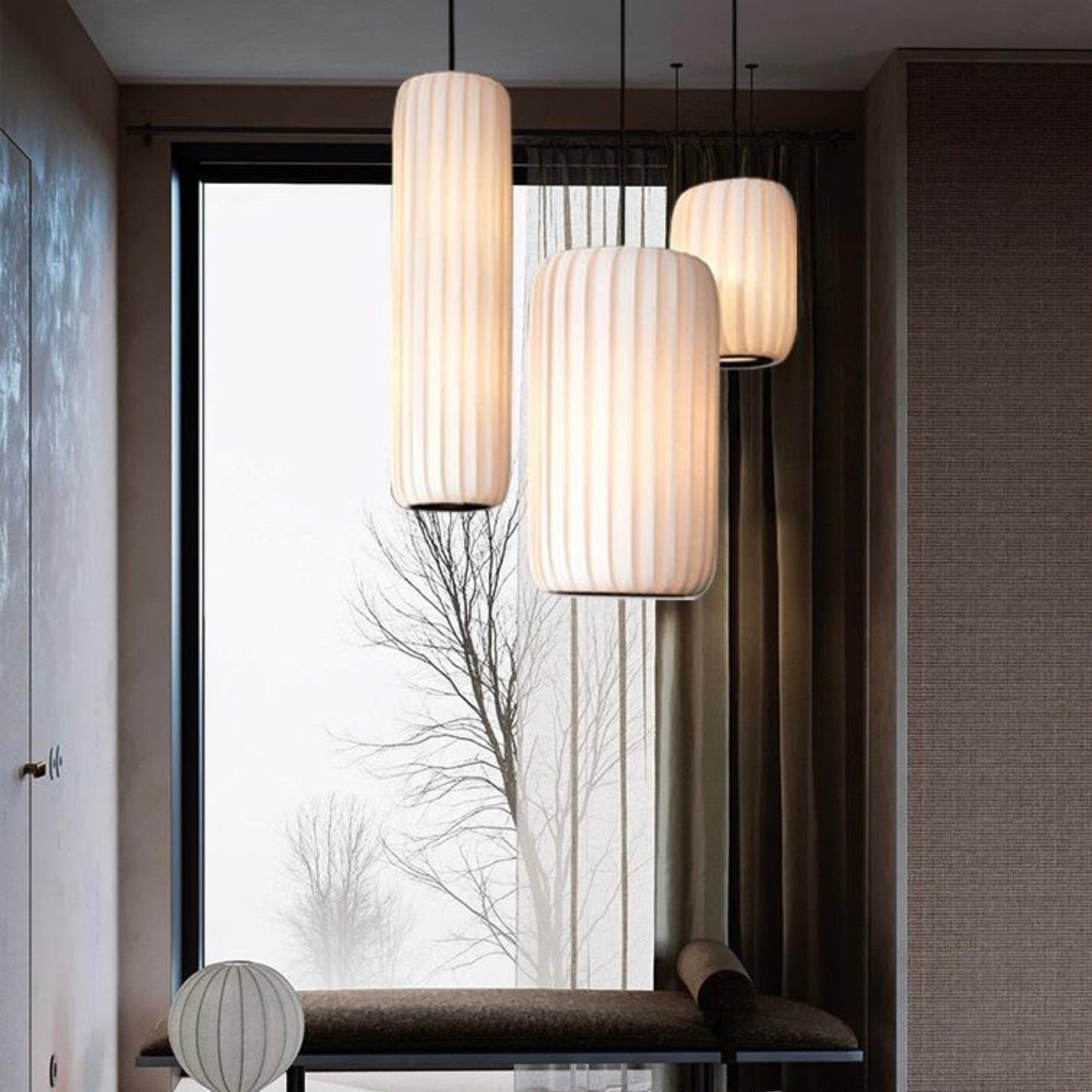 White Fabric Japanese Style Pendant Lamp Set of 3 | Living Room, Bedroom, Hotel, Residential Space LP-93