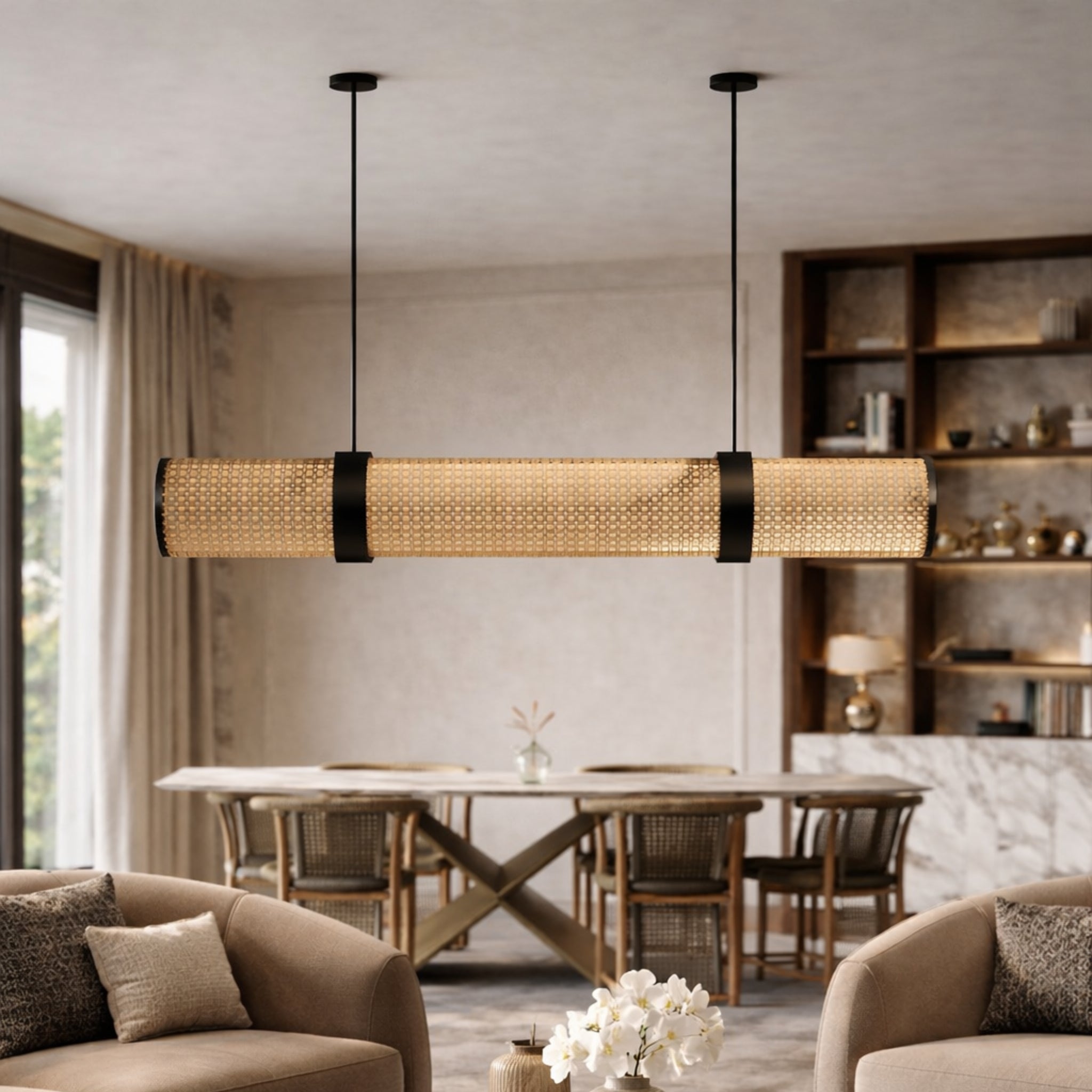 Handwoven Cane Linear Pendant Lamp | Natural Rattan Hanging Light for Dining & Living Spaces LP-106