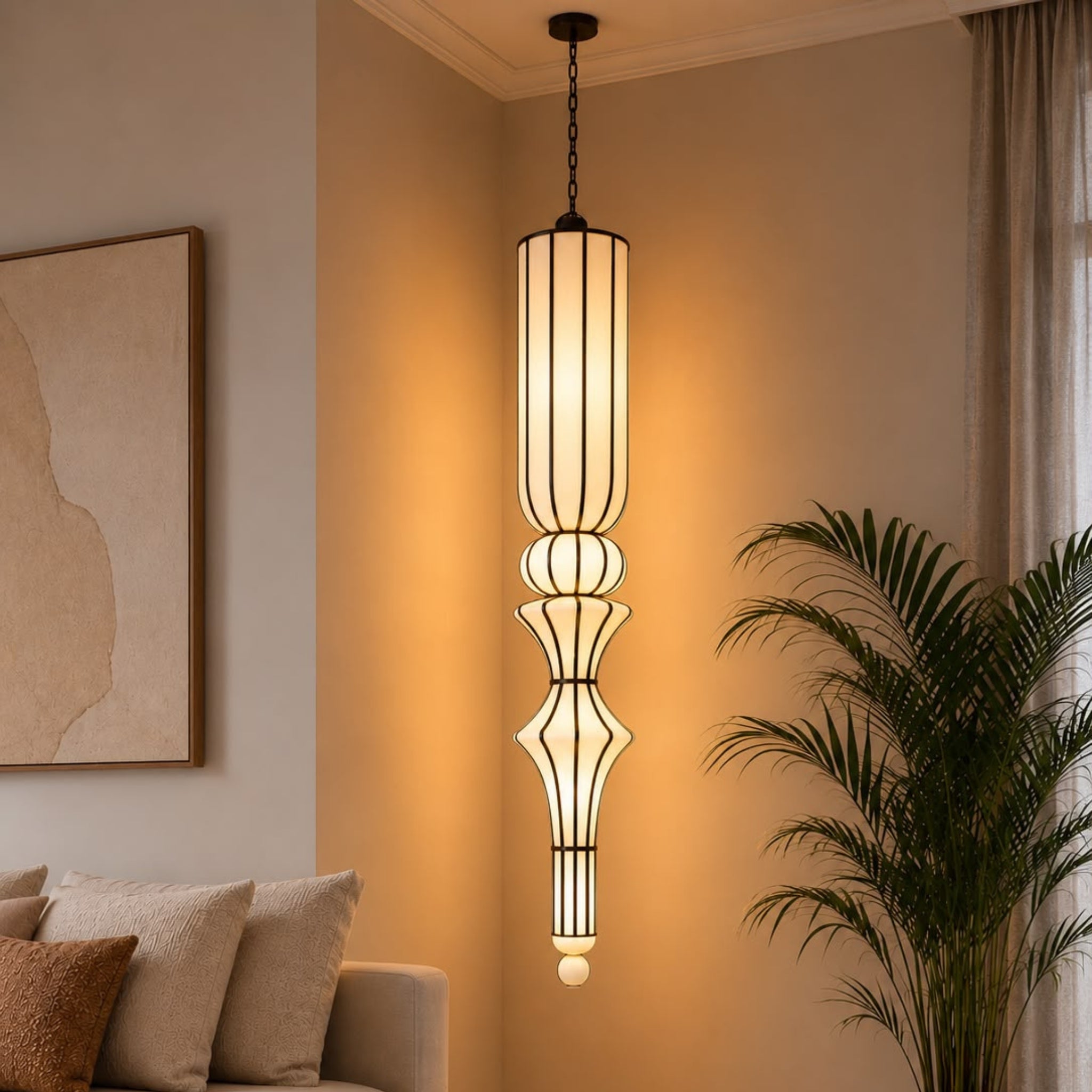 Off White Fabric Japanese Style Sculptural Hanging Lamp | Luxury Pendant Light for Living Room, Hotel & Café | LP-116