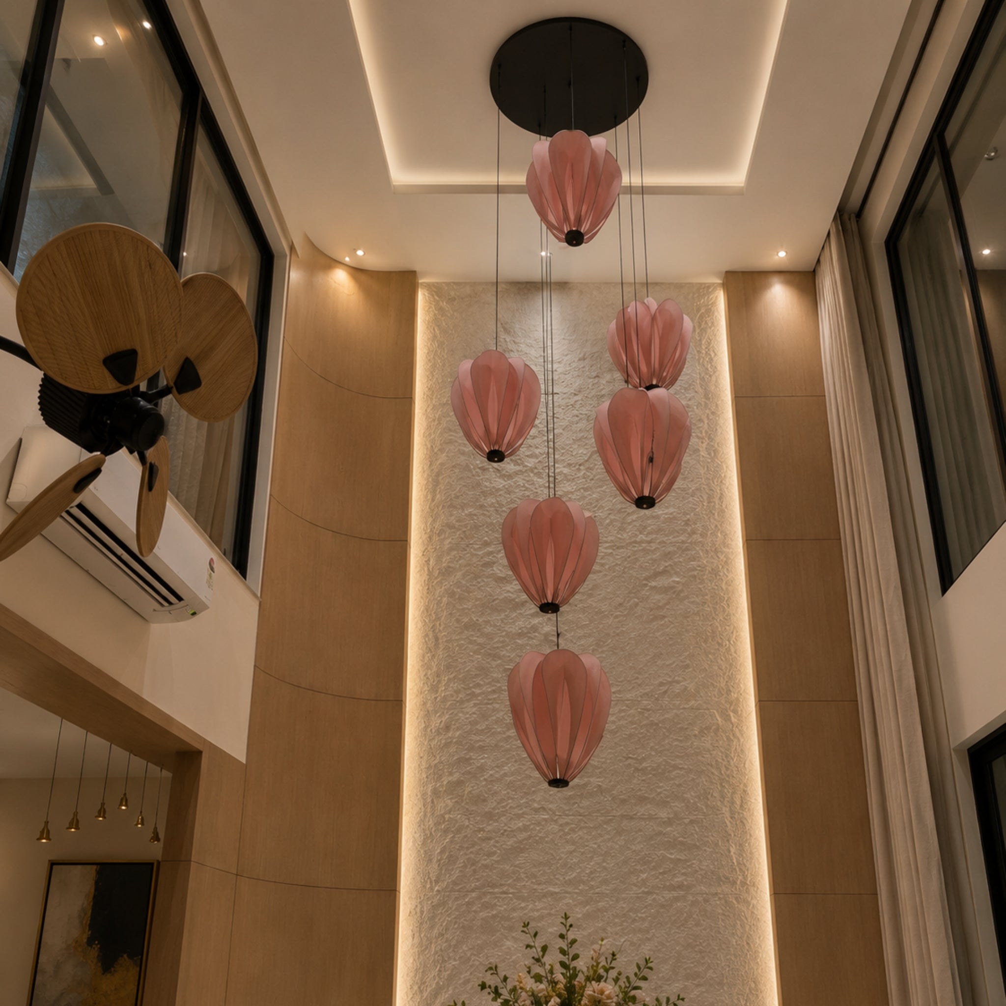 Blush Pink Fabric Japanese Style Hanging Lamp Cluster of 6 | Double Height Chandelier for Living Room, Staircase, Hotel & Residential Space LP-114