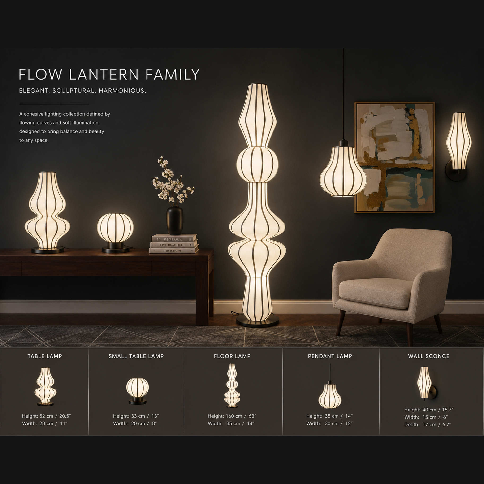 Balbeni Flow Lamp Family | Off-White Fabric Japanese Style Sculptural Floor, Table, Hanging & Wall Lamps LP-125